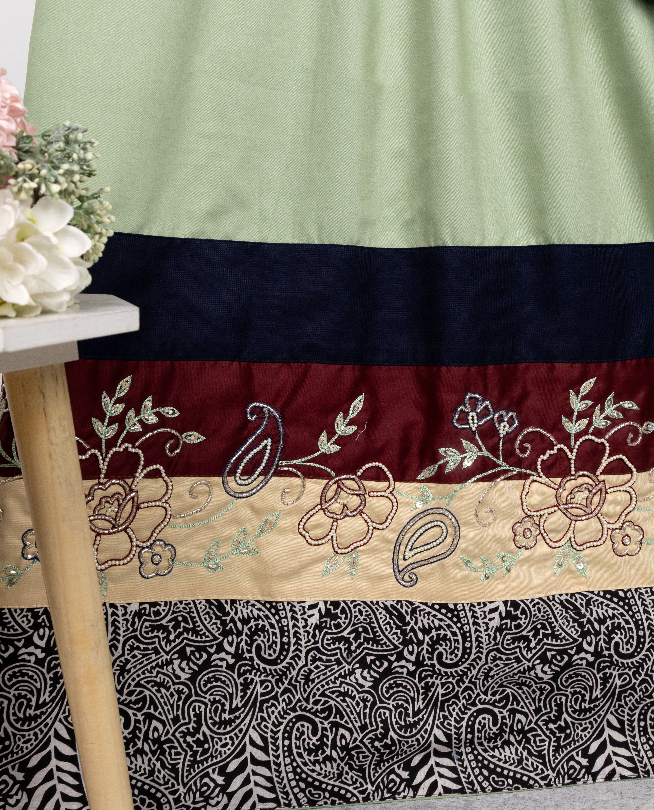 Sage Green Rida WIth Smart Dark Panel Marvi Design Panel & Aari Work Floral Border