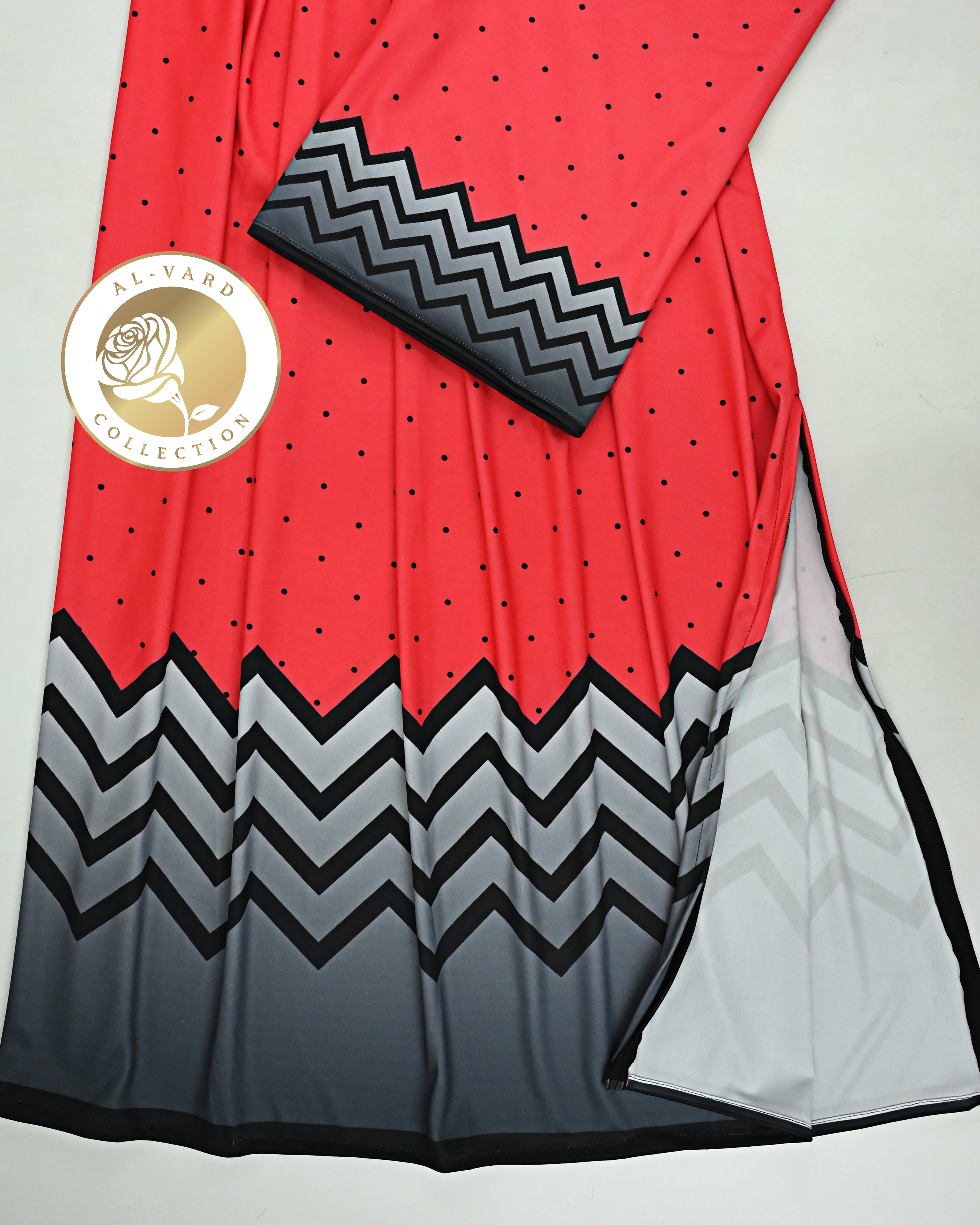 Blood Red Dots Swim Wear Rida With Black Chevron Print Panel