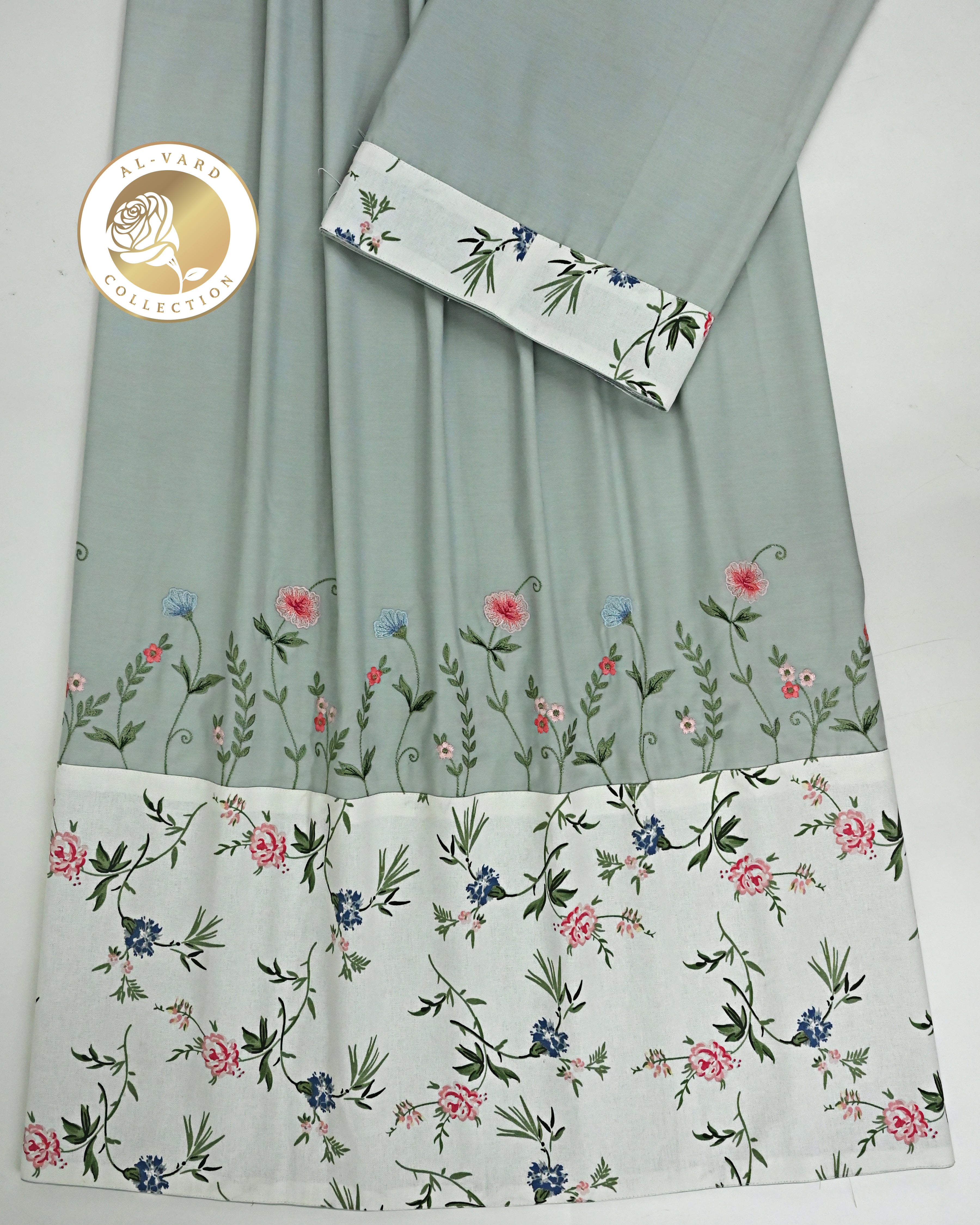 Sage Green Rida With Smart Imported Floral Panel & Same Parellel Floral Embroidery-2250/-