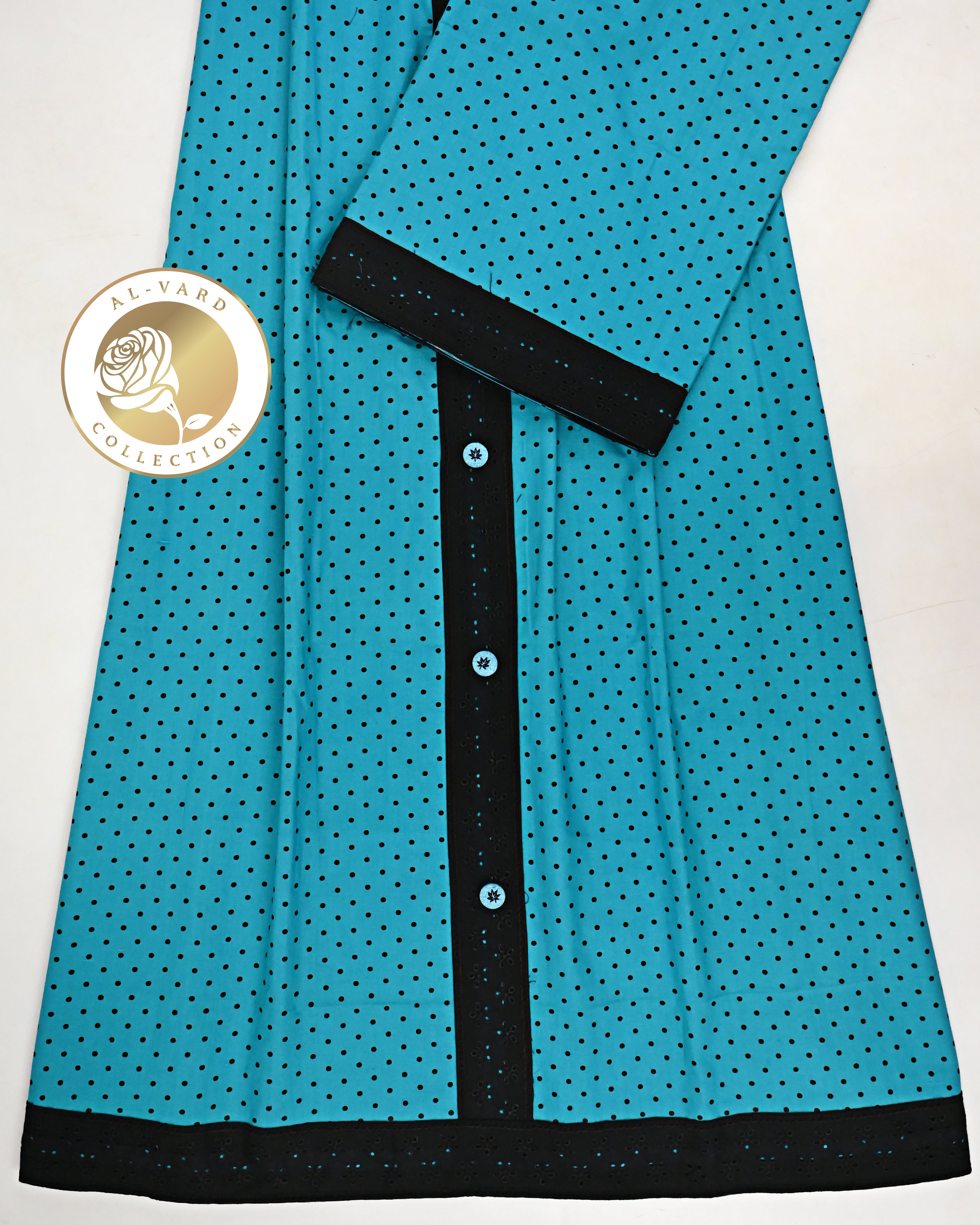 Turquoise Blue Black Polka Dots Rida With Smart Buttons Pattern & Black Lace-1500/-