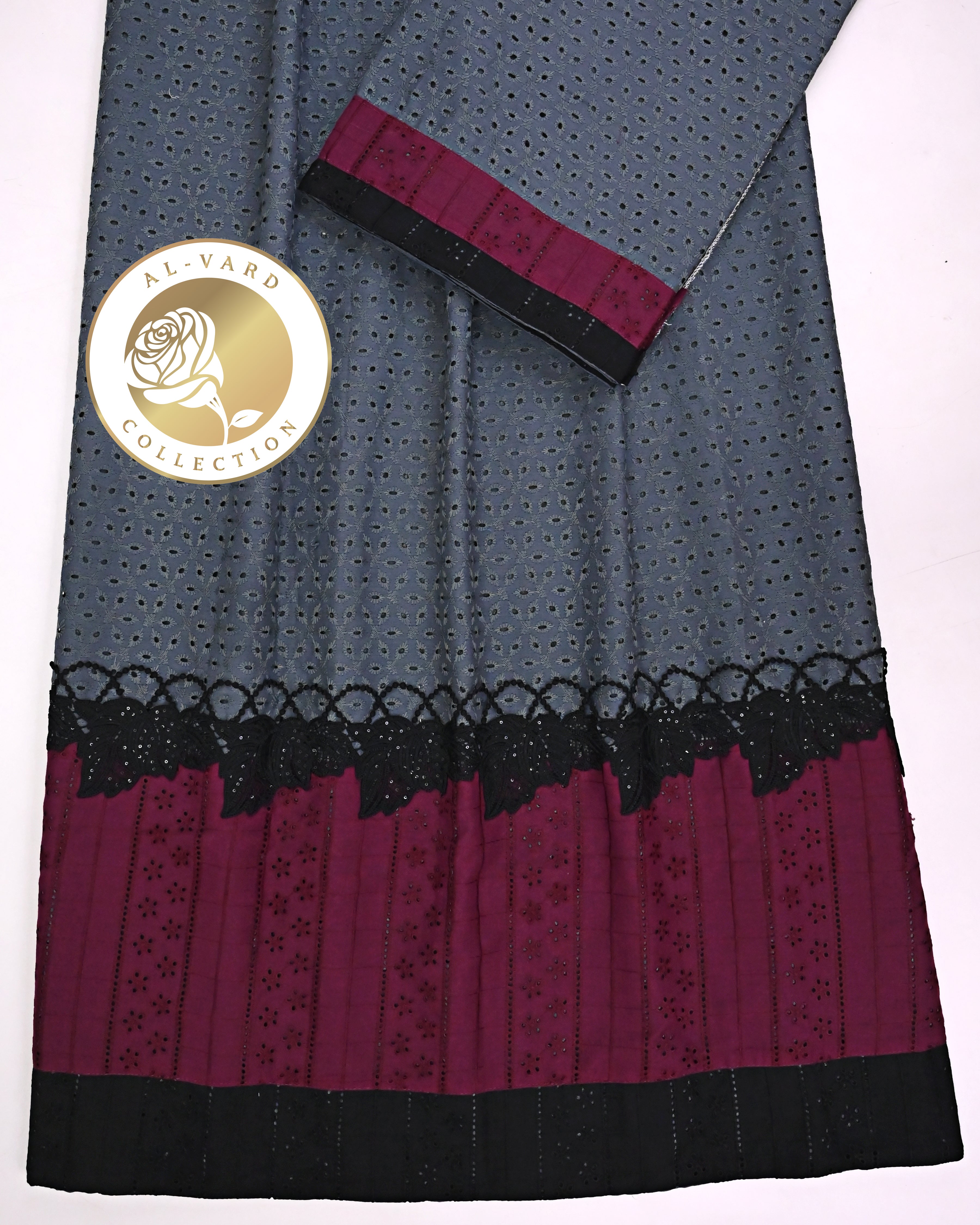 Steel Blue Hakoba Rida With Smart Maroon Black Hakoba Panel & Smart Black Lace