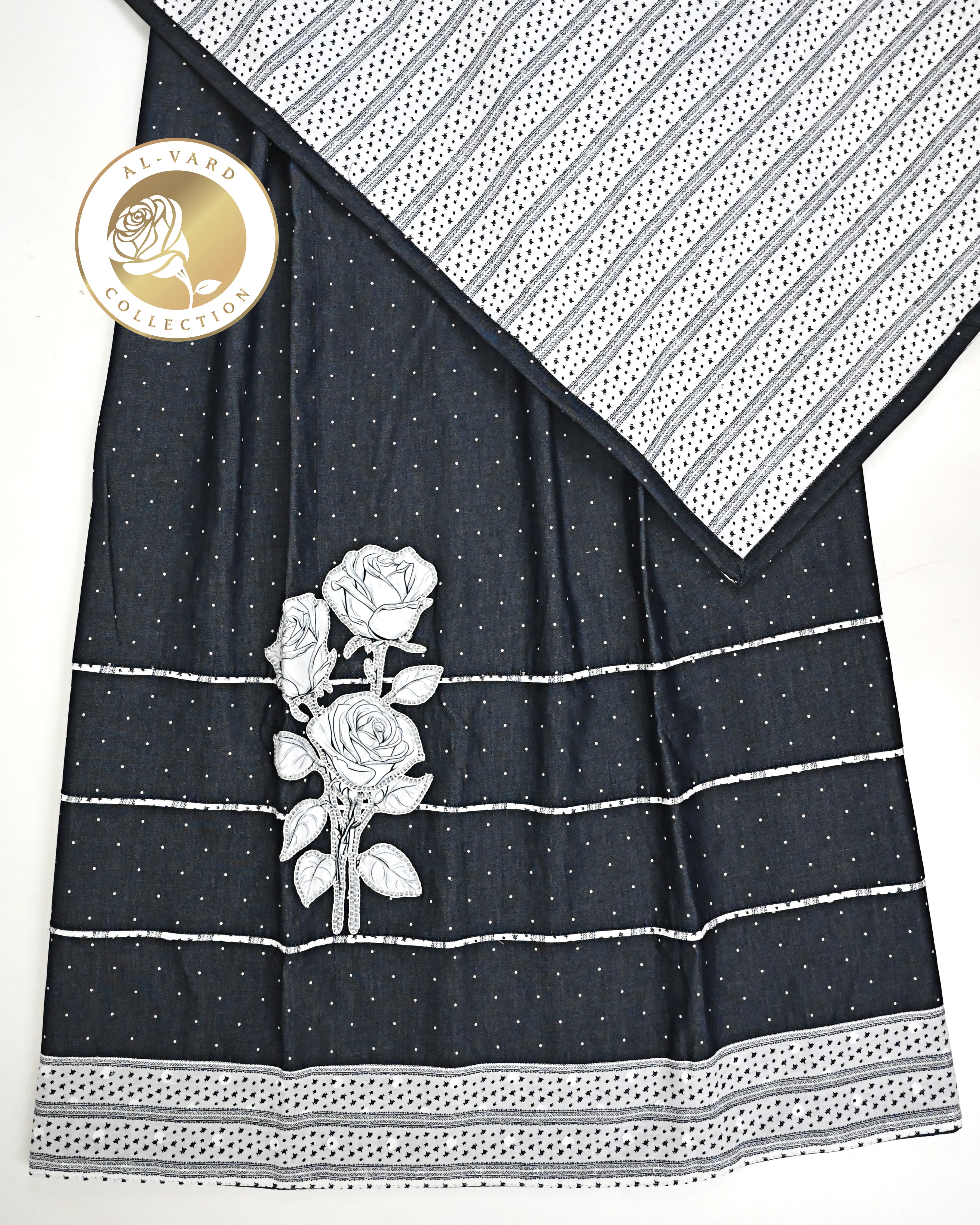 Denim Blue Jodi With Smart Pipin Panel & Floral Applique With White Base Navy Print Dupatta-2100/-