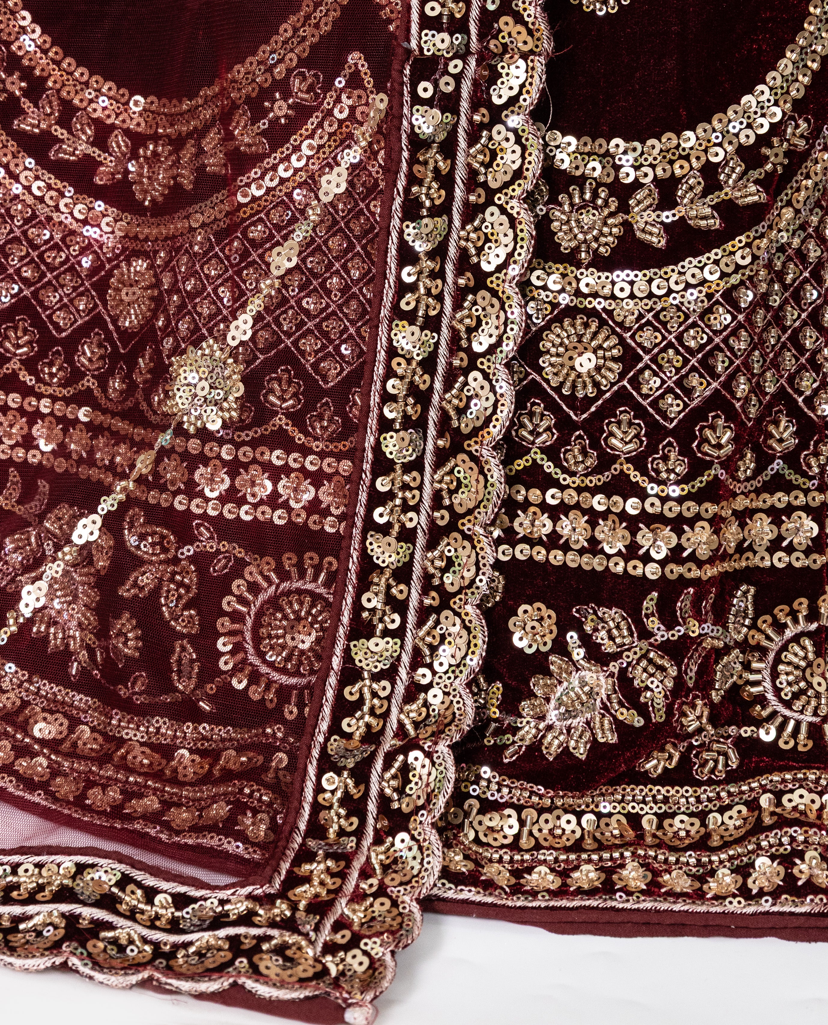 Dark Maroon Velvet Bridal Jodi With Golden Heavy Floral Aari Work With Dupatta & Shawl