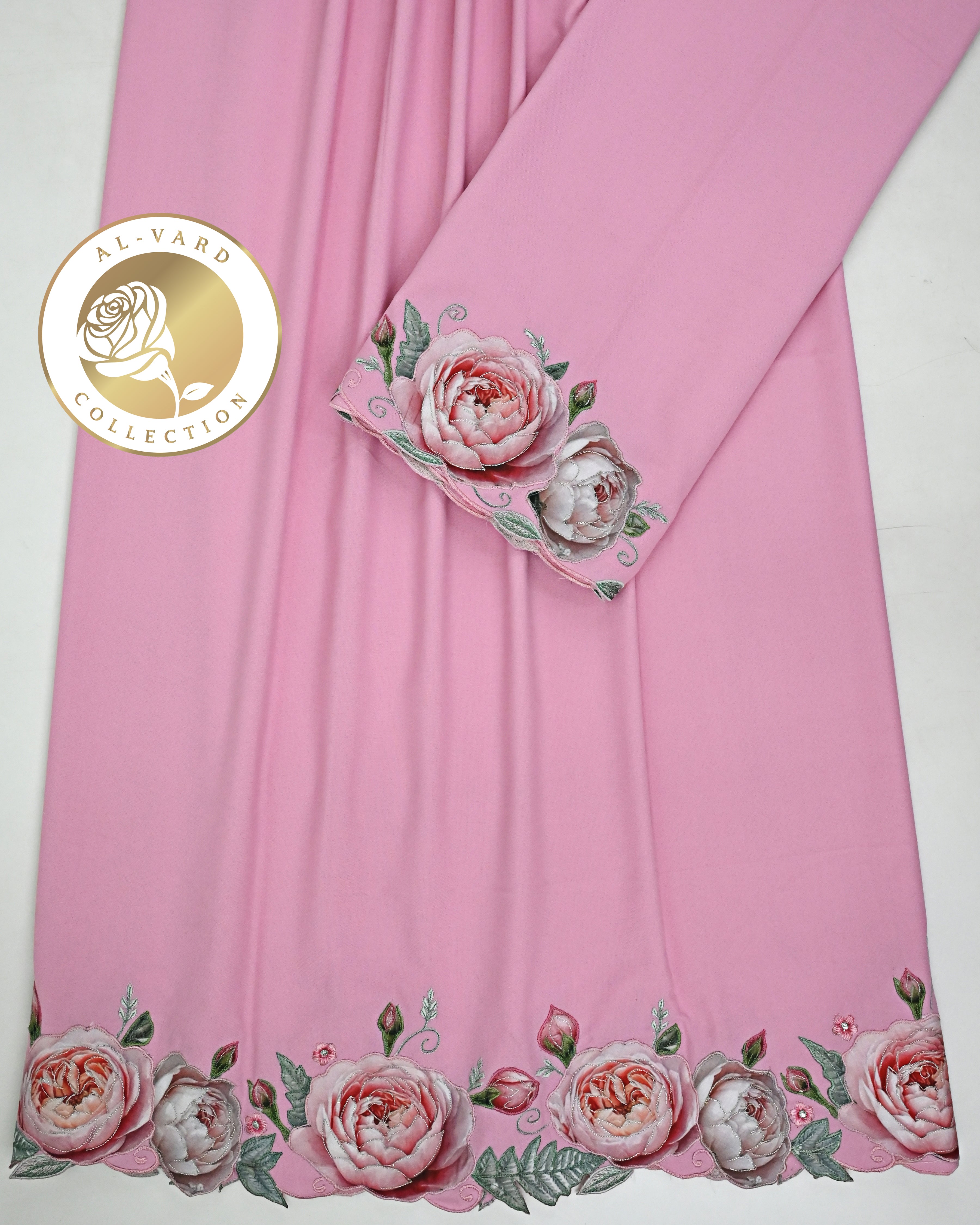 Blush Pink Rida With Dark Applique Floral Embroidery Work & Smart Cut Work