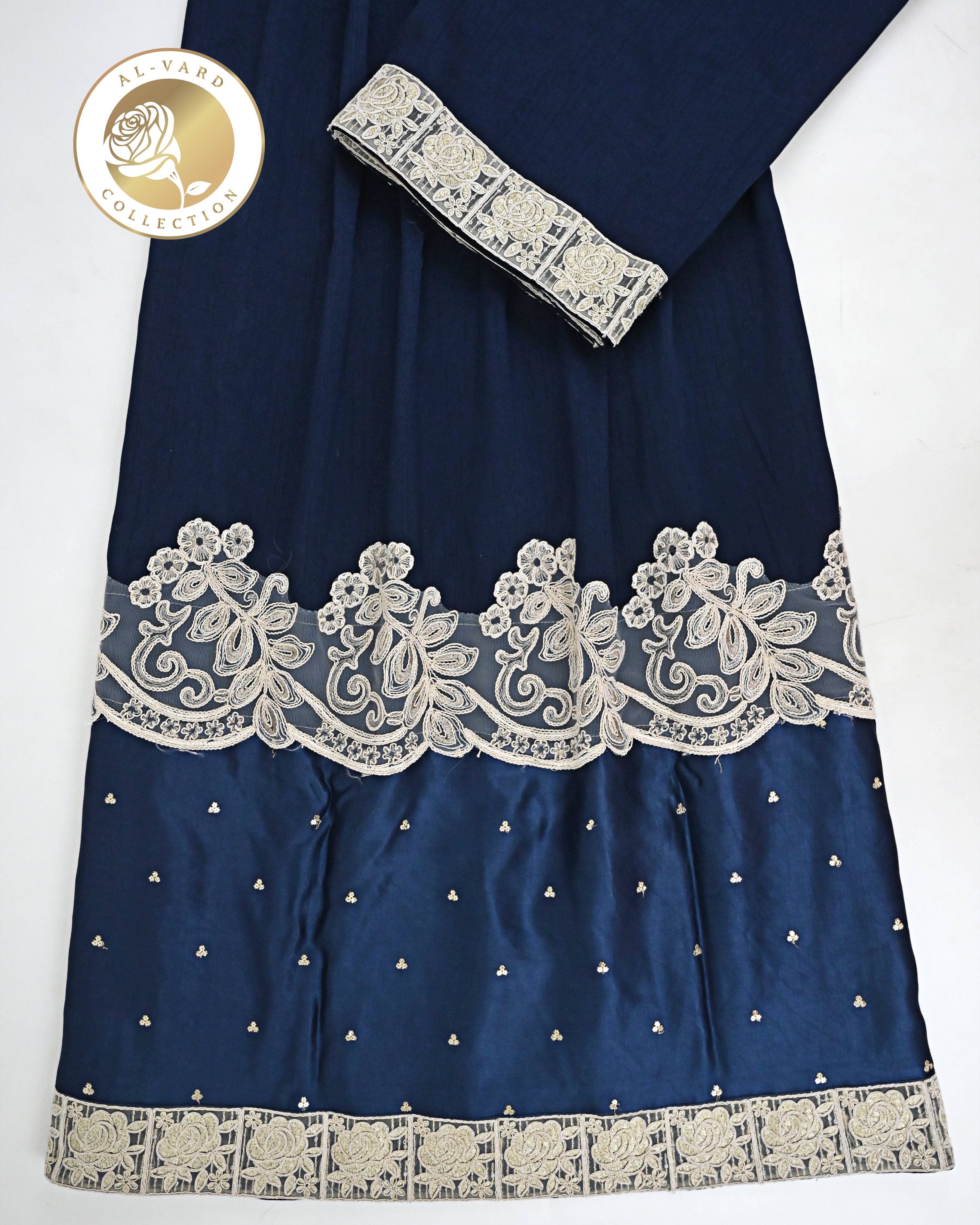 Dark Navy Blue Rida With Heavy Lace Smart Dark Panel Floral Golden Booties & Smart Floral Lace