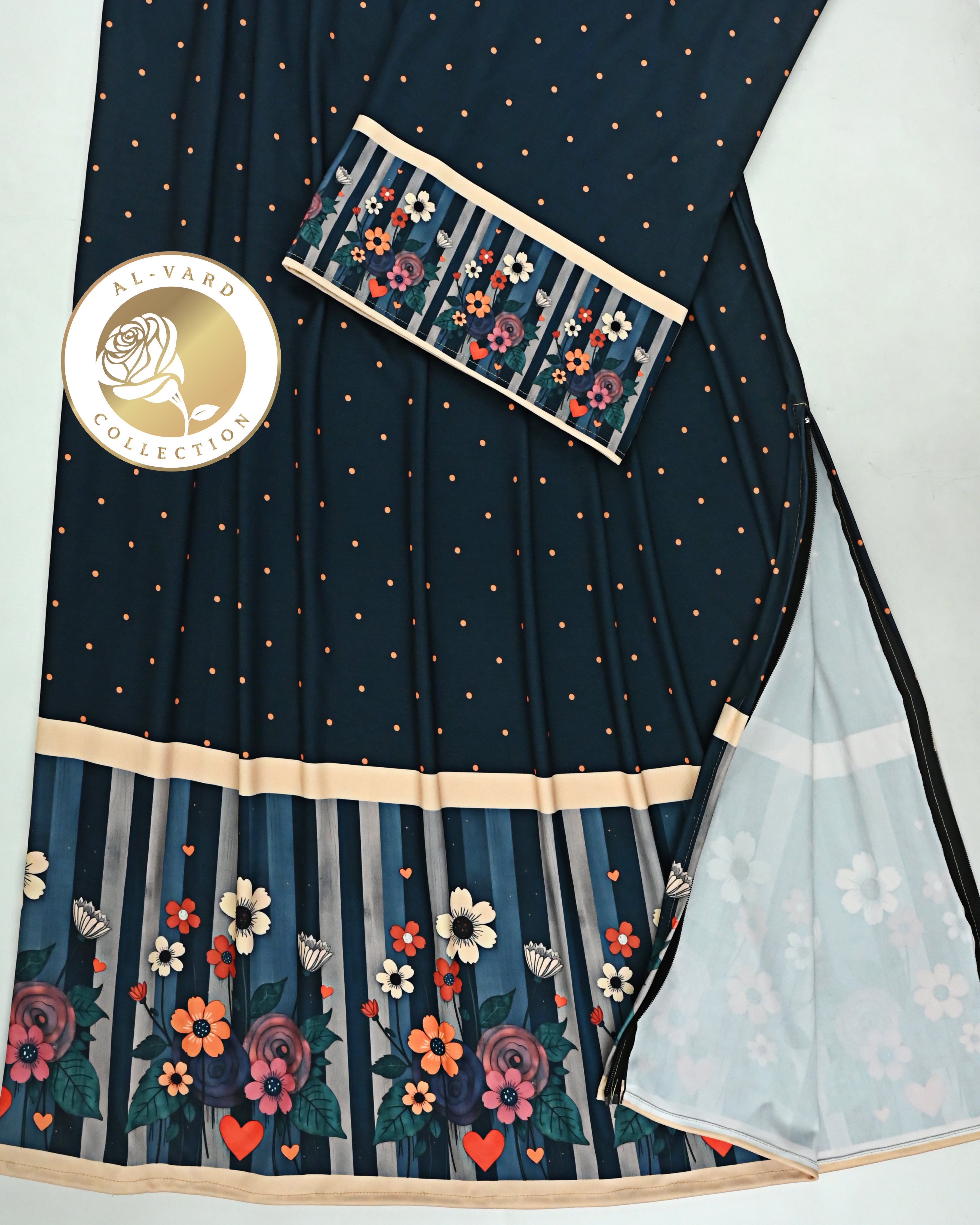 Deep Navy Blue Orange Dots Swim Wear Rida With Smart Floral & Stripes Panel-