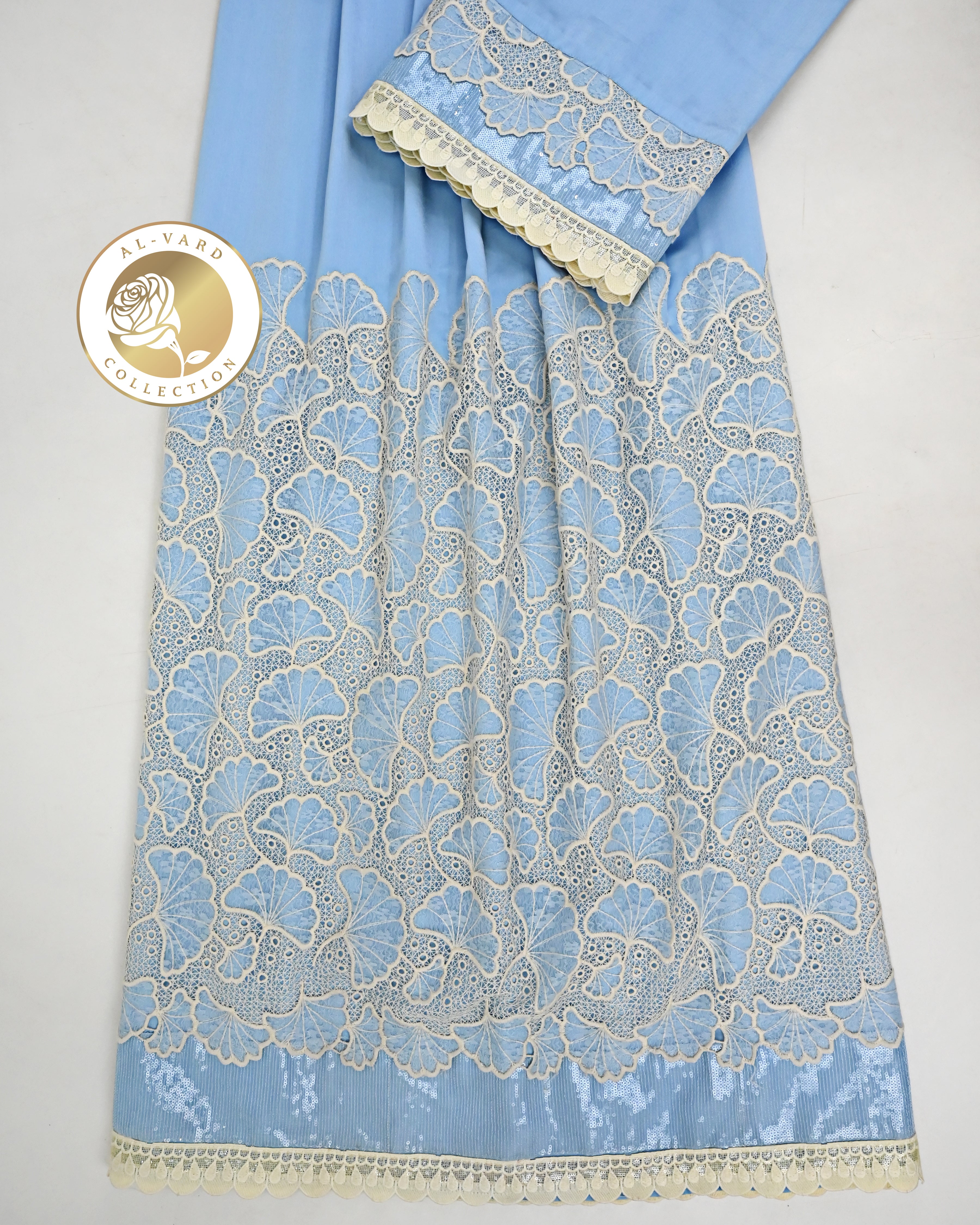 Powder Blue Rida With Full Floral Lace Peice & Smart Sequence Lace