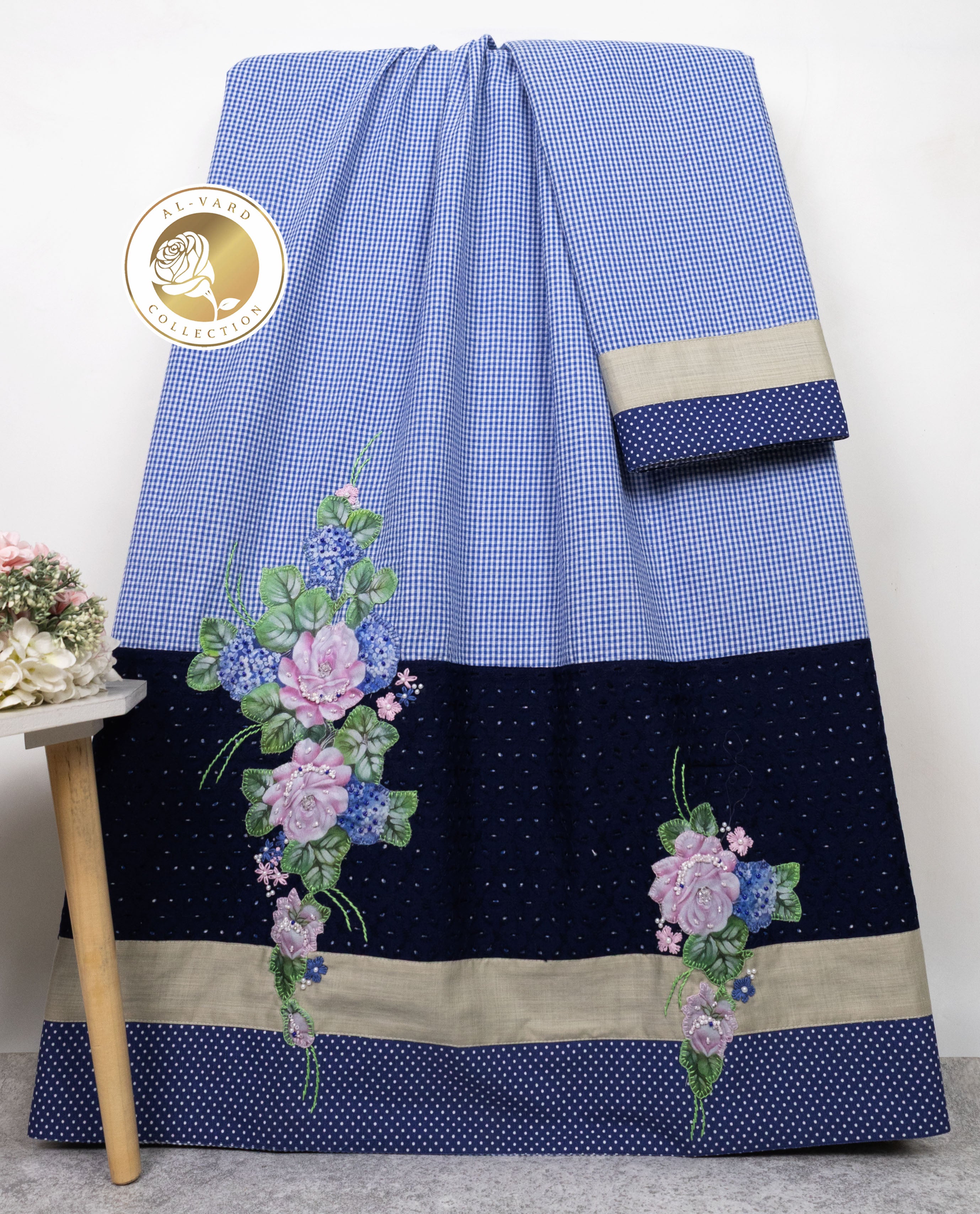 Persian Blue White Checks With Smart Hakoba Panel & Floral Applique Work