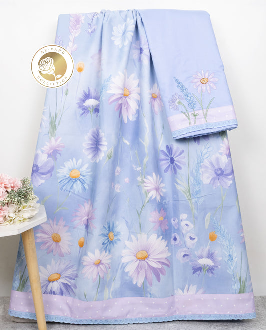 Powder Blue Base Floral Printed Rida With Smart Panel & Lace