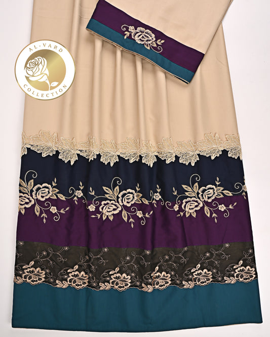 Beige Rida With Dark Panel Lace & Golden Aari Work