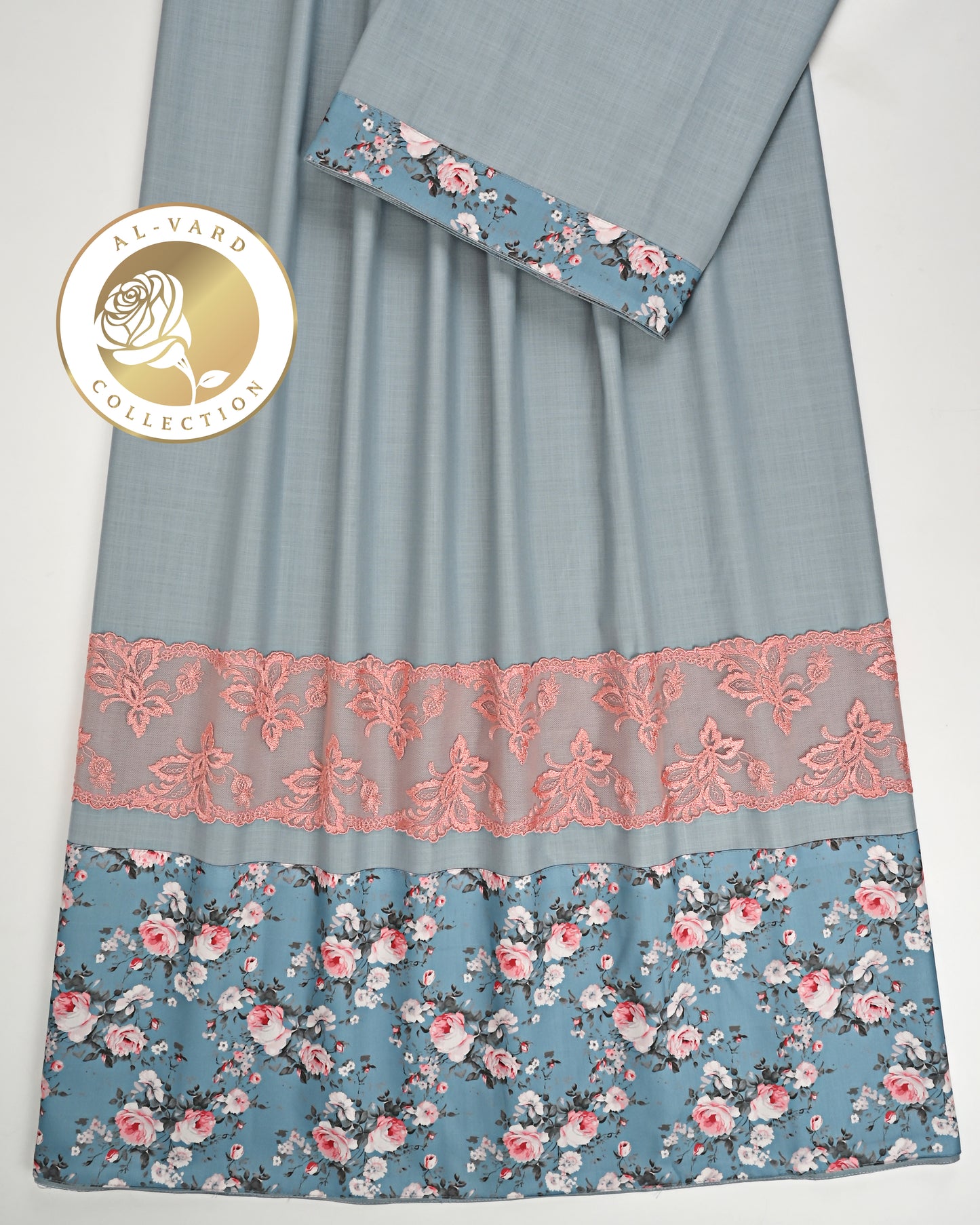 Light Cyan Rida With Floral Print Panel & Floral Lace