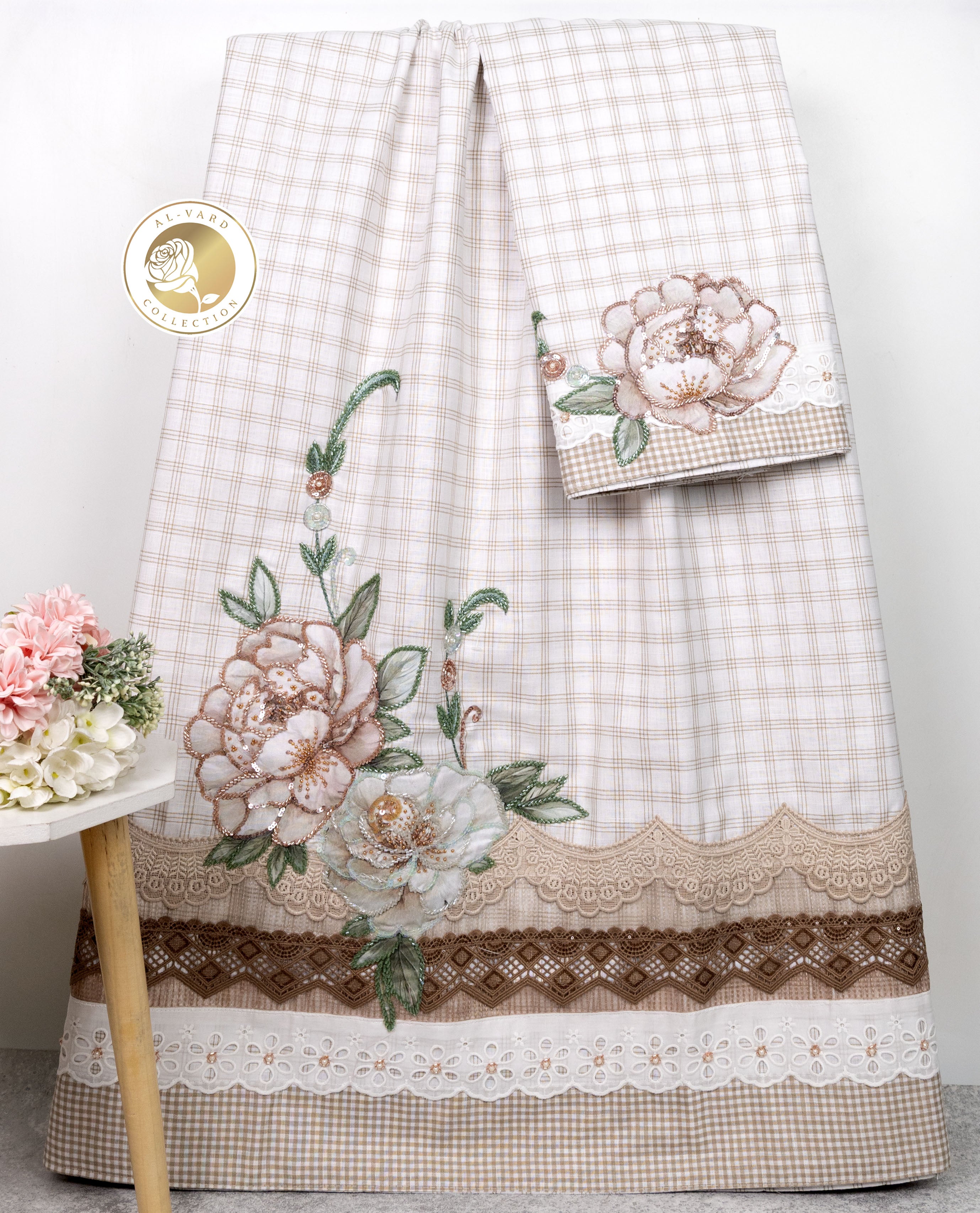 Off White Base Checks With Smart Floral Aari Work Smart Lacing & Cheks Panel