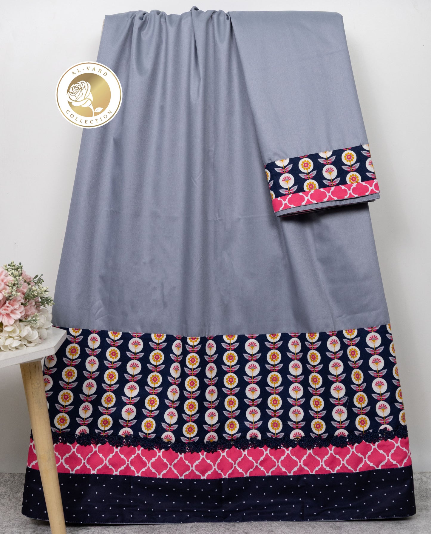 Silver Grey Rida With Black Floral Print Panel & Smart Lace