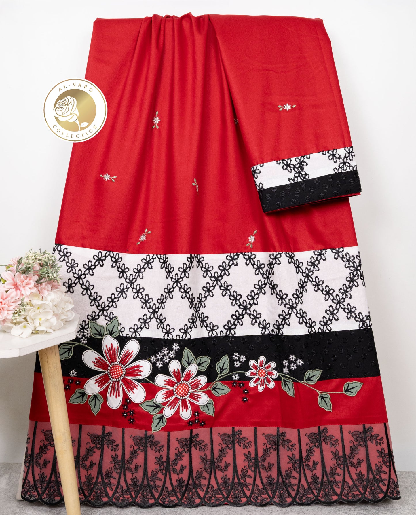 Blood Red Rida With Smart Floral Panel Lace & Floral Work