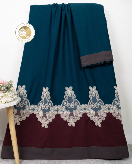Dark Peacock Blue Abaya Rida With Dark Panel & Smart Floral Imported Lace