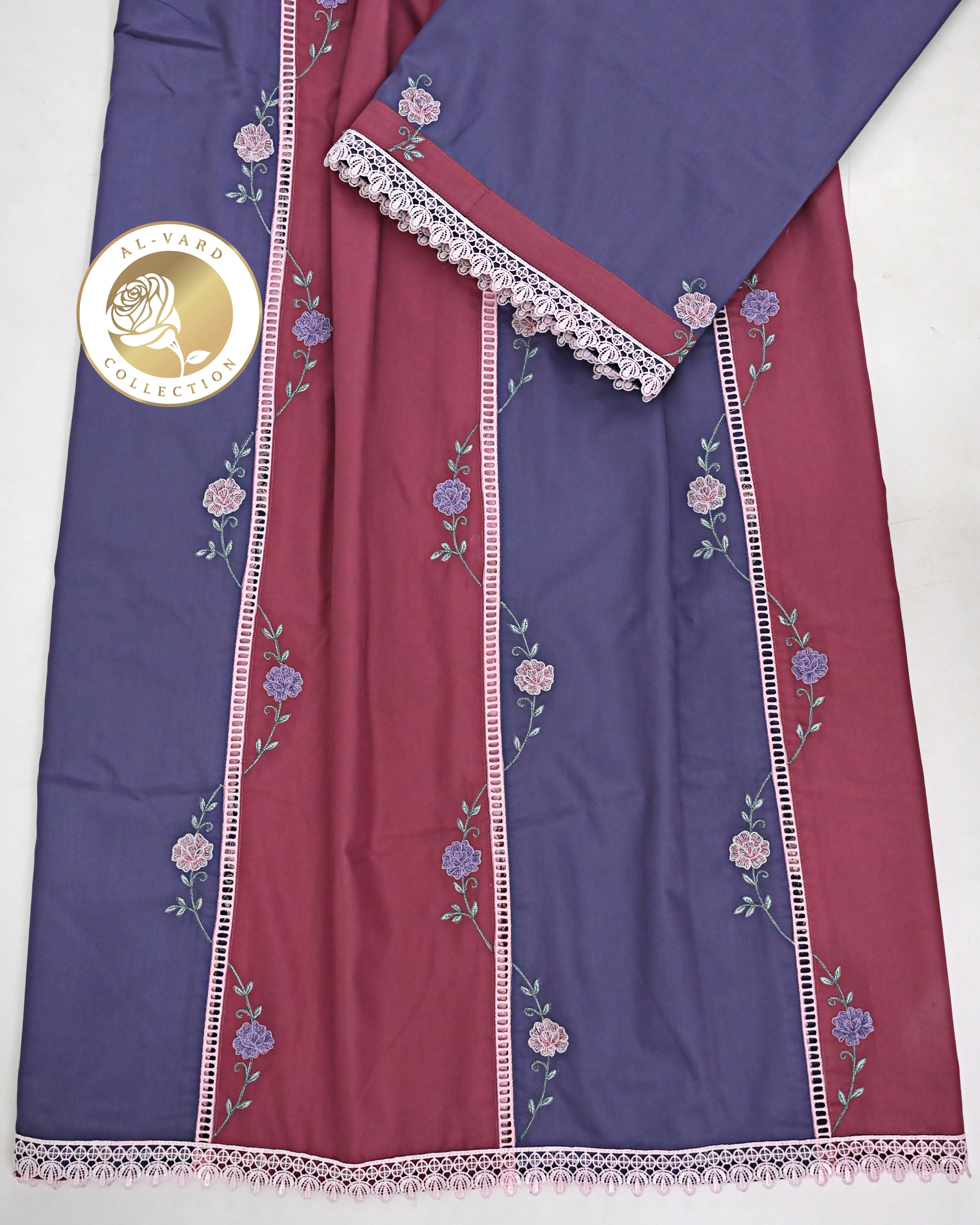 Slate Blue Dark Plum Pattern Rida With Smart Lace & Floral Embroidery Work