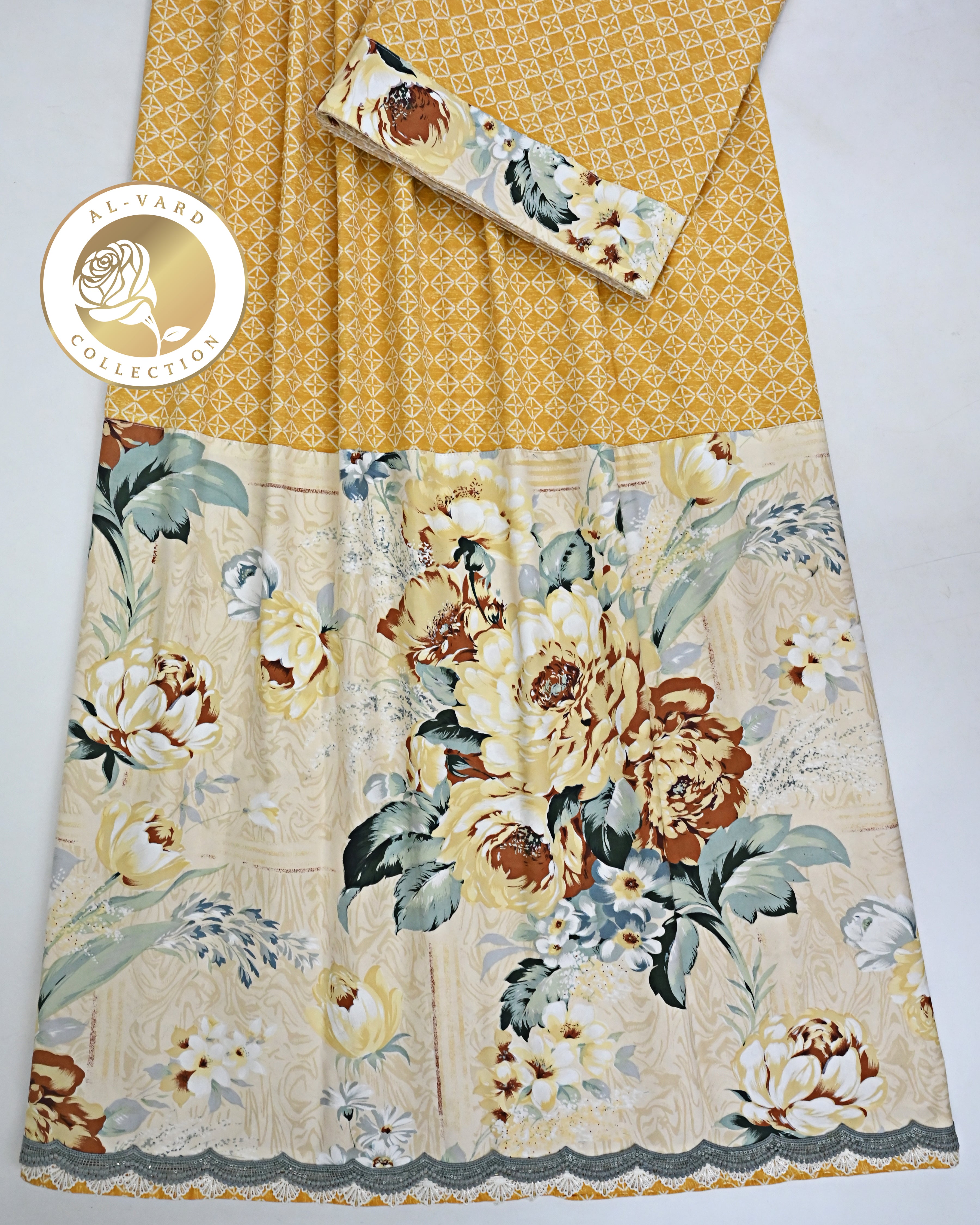 Mustard Yellow White Print Rida With Smart Floral Canvas Panel & Smart Lace