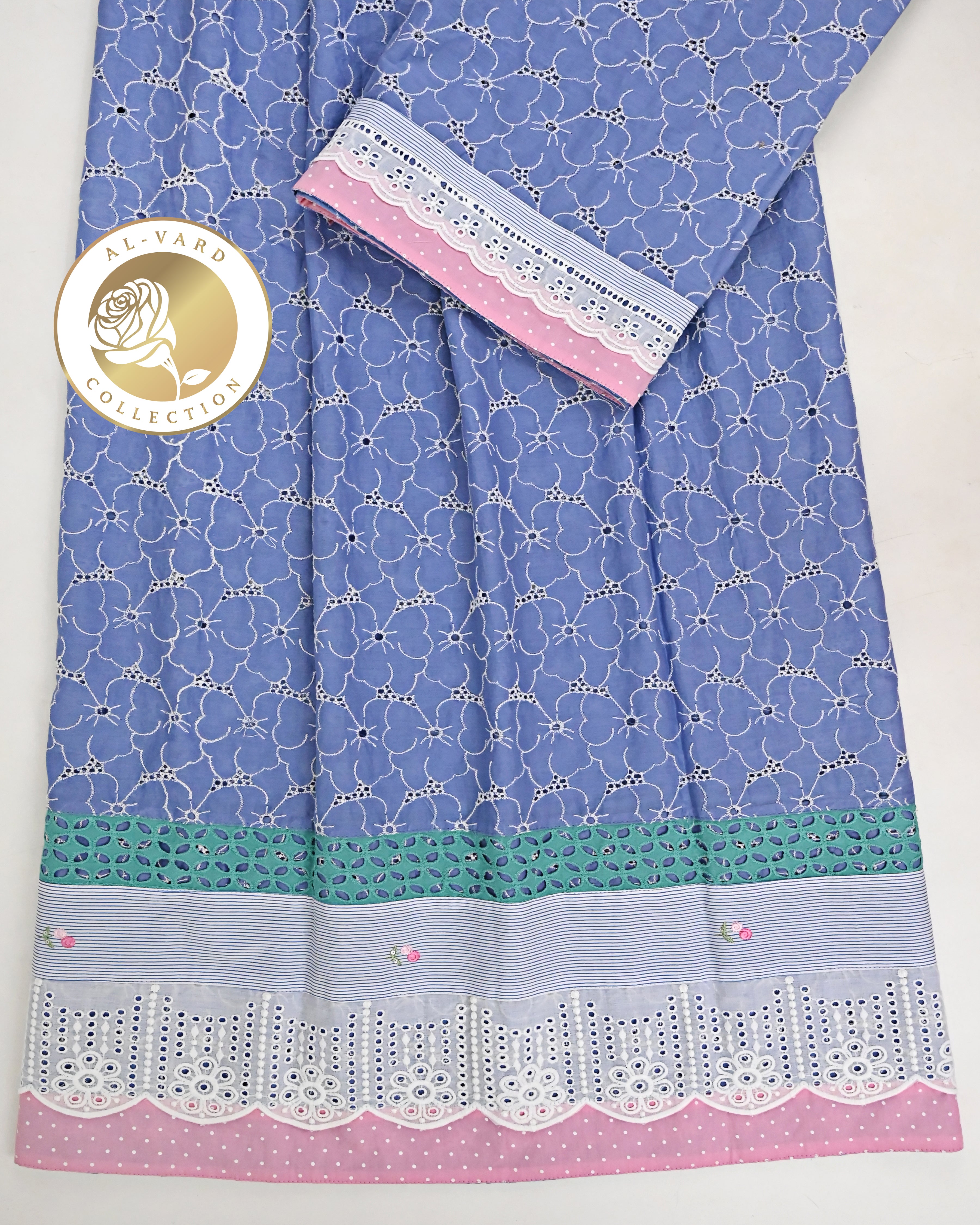 Denim Blue White Embroidery Rida With Smart Lace & Panel