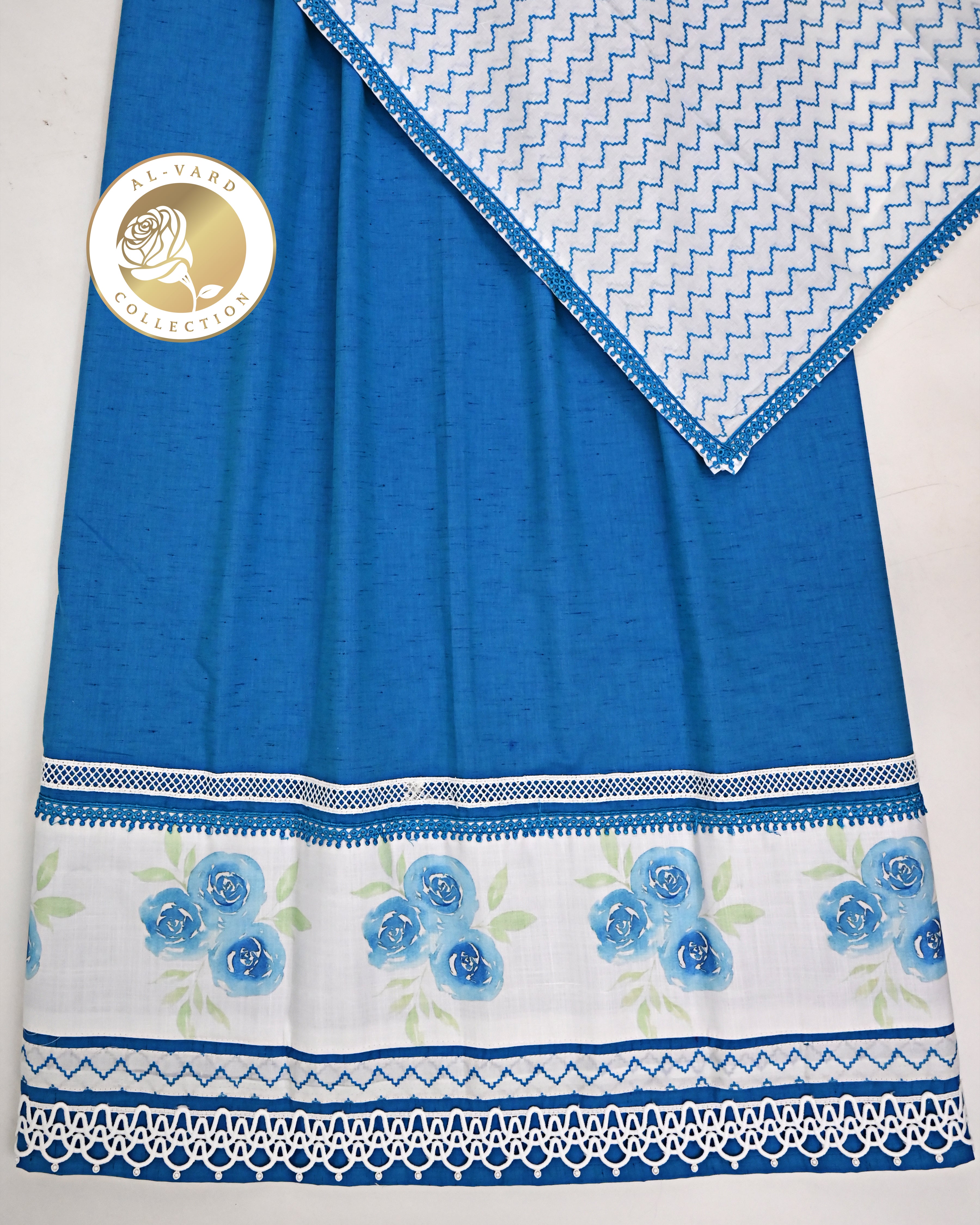Cerulean Blue Jodi With Floral Printed Panel Smart Lace & White Base Chevron Print Dupatta