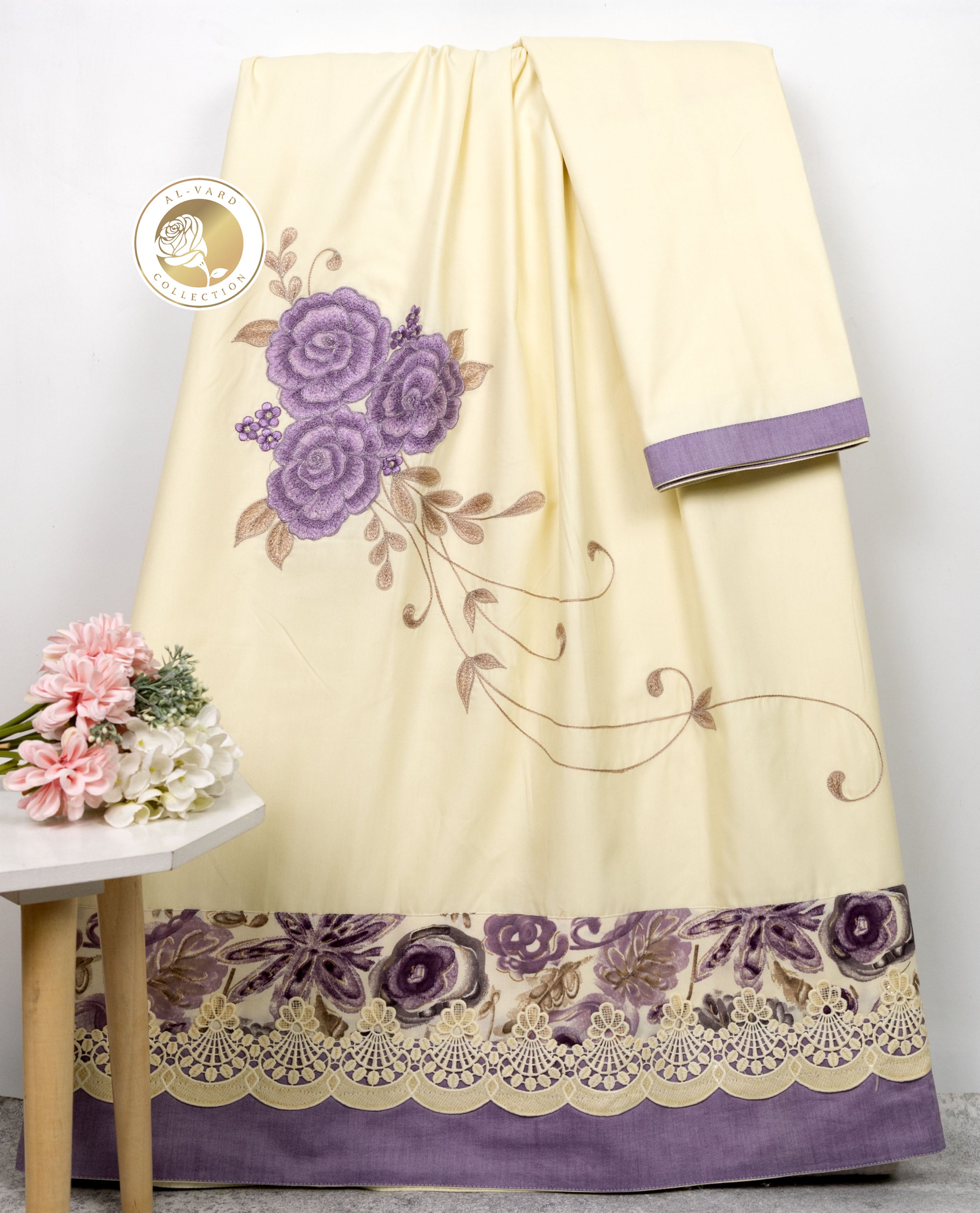 Buttermilk Yellow Rida With Dark Floral Panel Lace & Smart Floral Embroidery Work