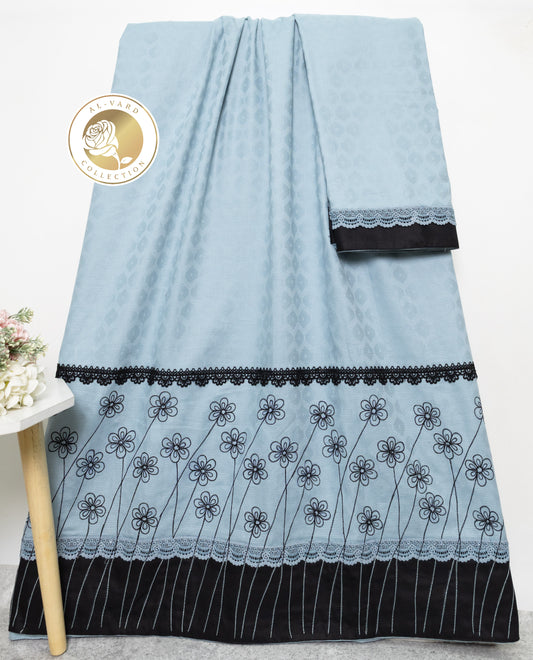 Light Blue Self Design Rida With Black Panel Lace & Floral Embroidery