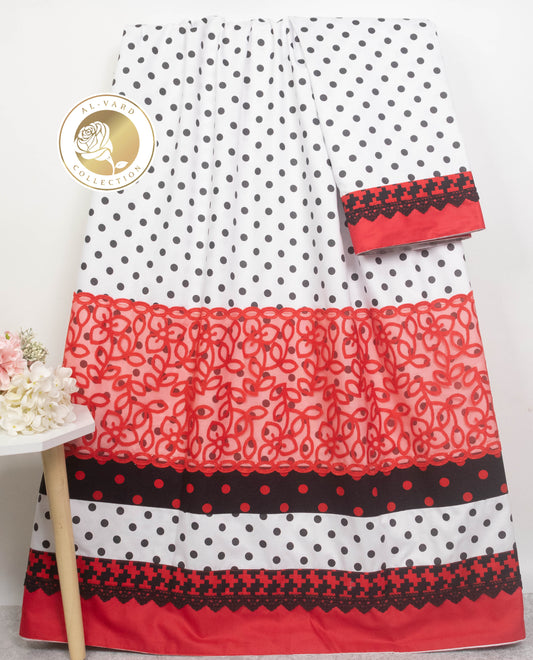 White Base Black Dots With Smart Dotted Panel & Red Lace