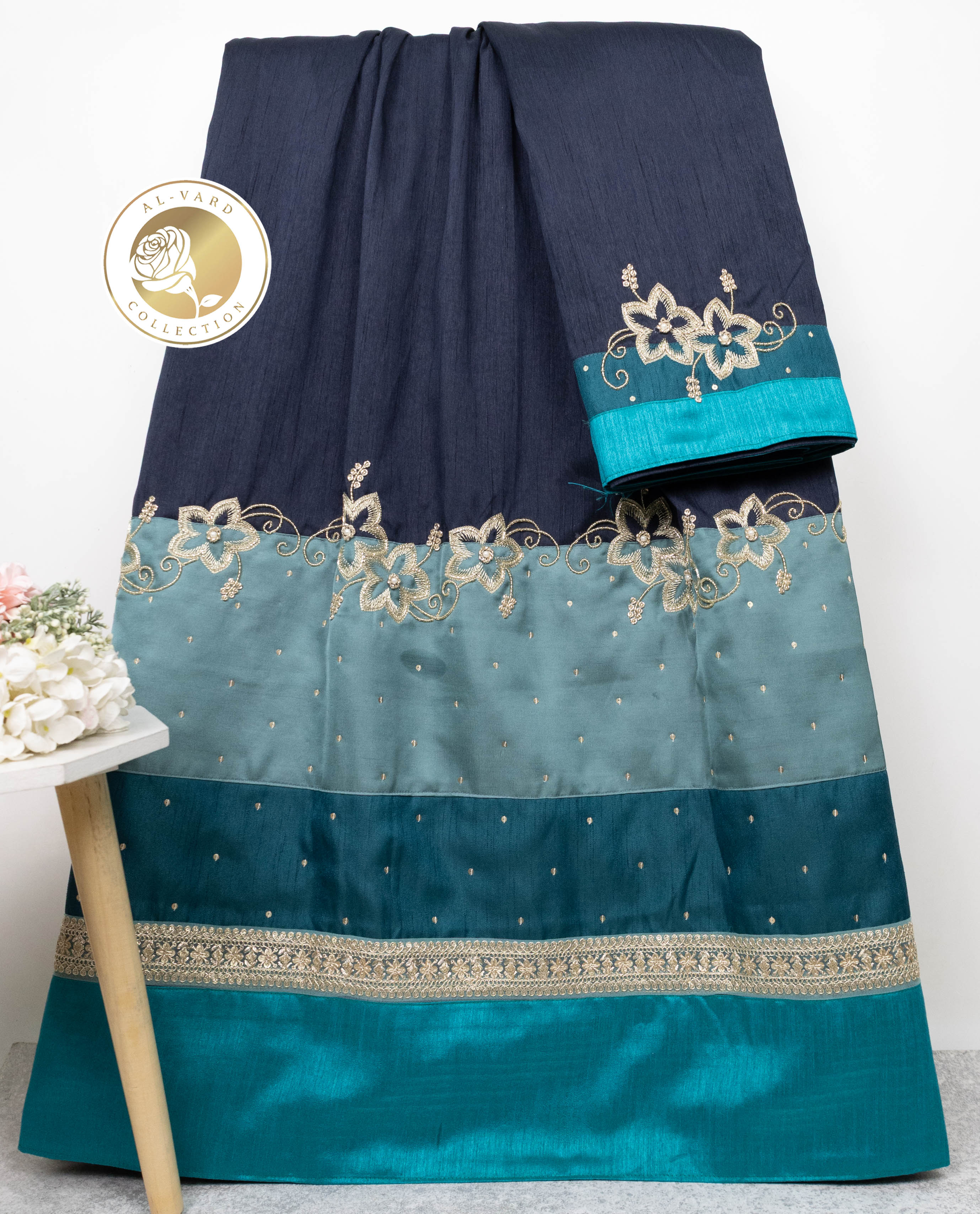 Navy Blue Rida With Green Shade Panel & All Over Golden Heavy Aari Work-3700/-