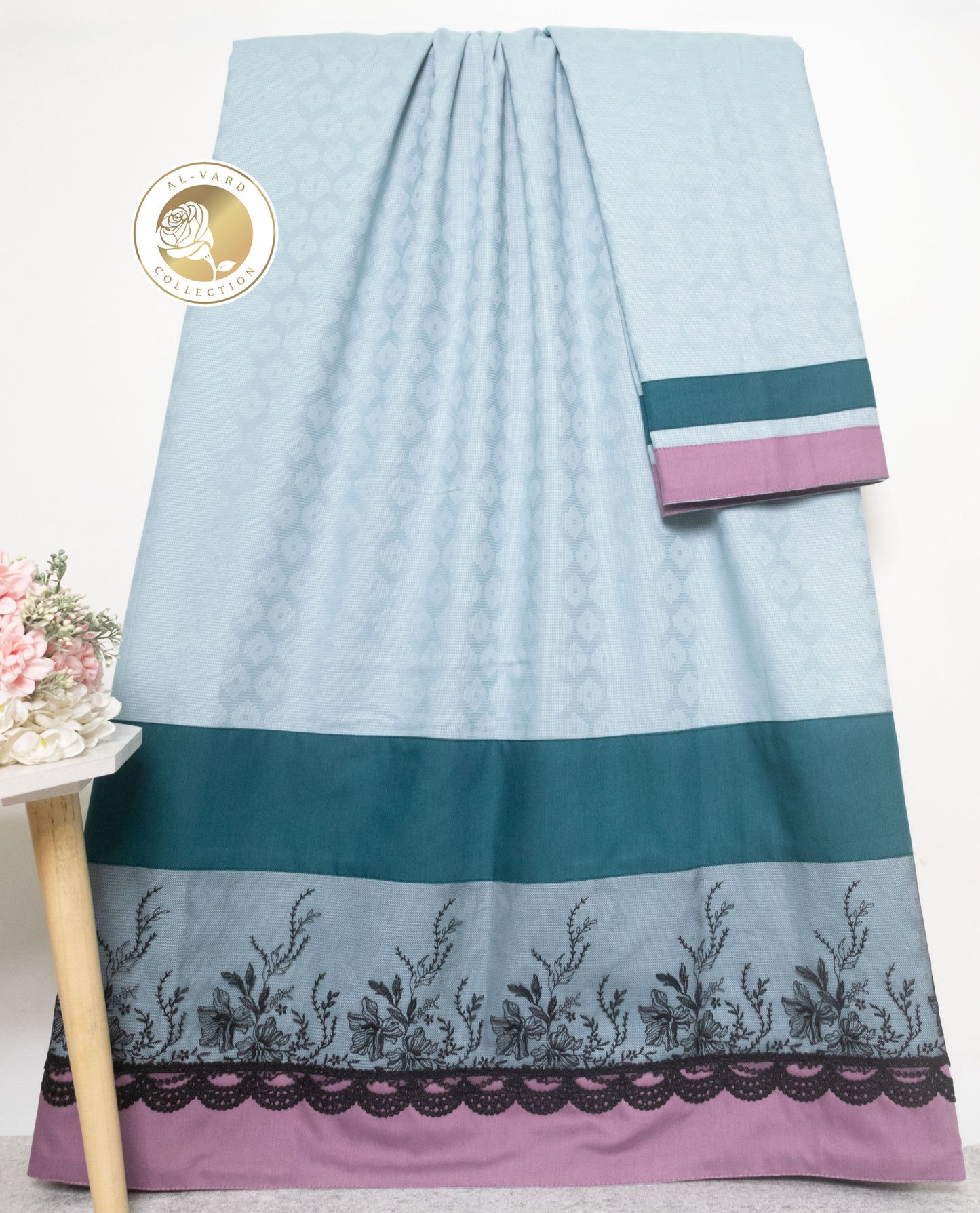 Light Blue Silky Material Rida With Dark Panel & Smart Dark Lace