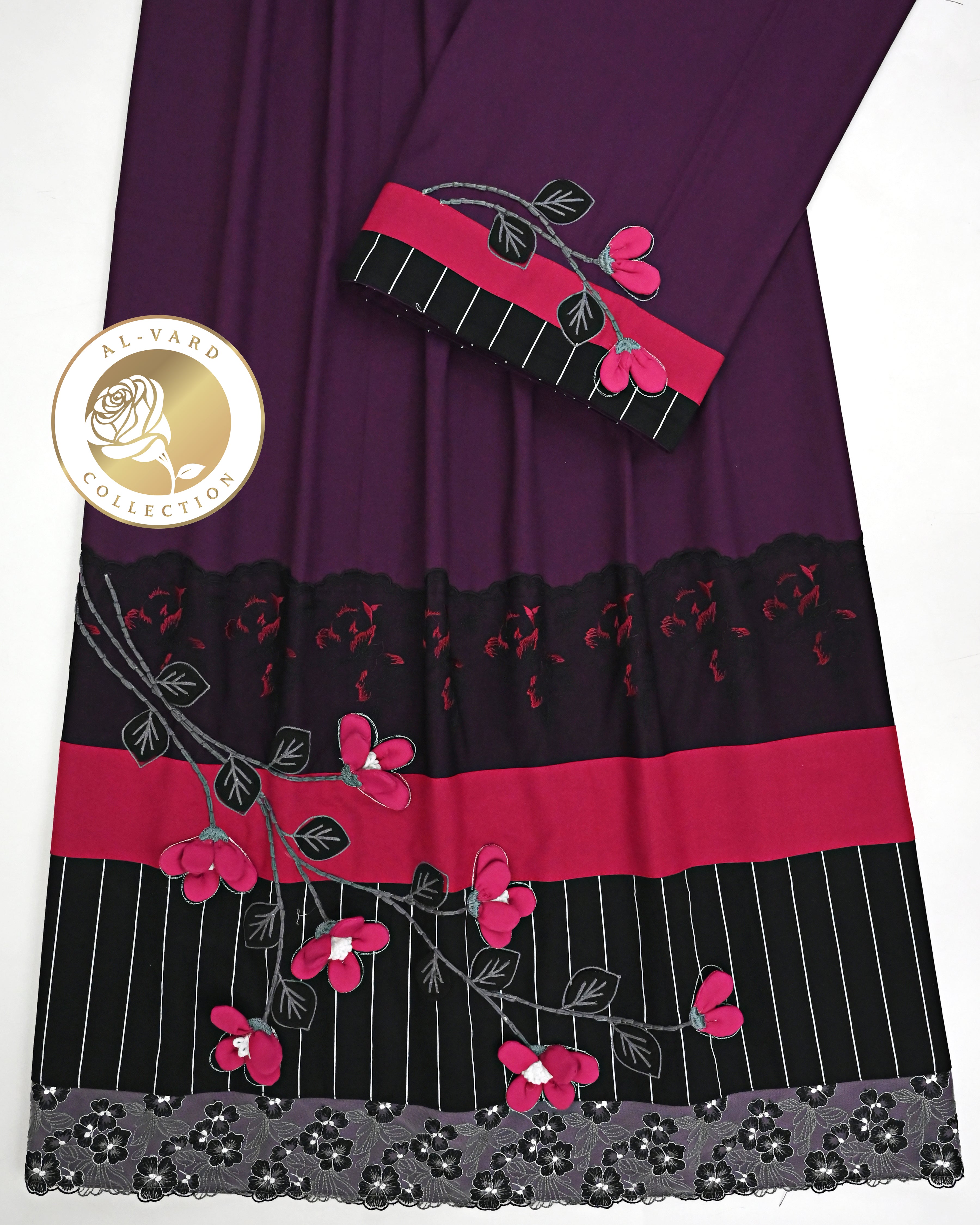 Deep Wine Rida With Smart Panel Floral Lace & 3D Floral Work