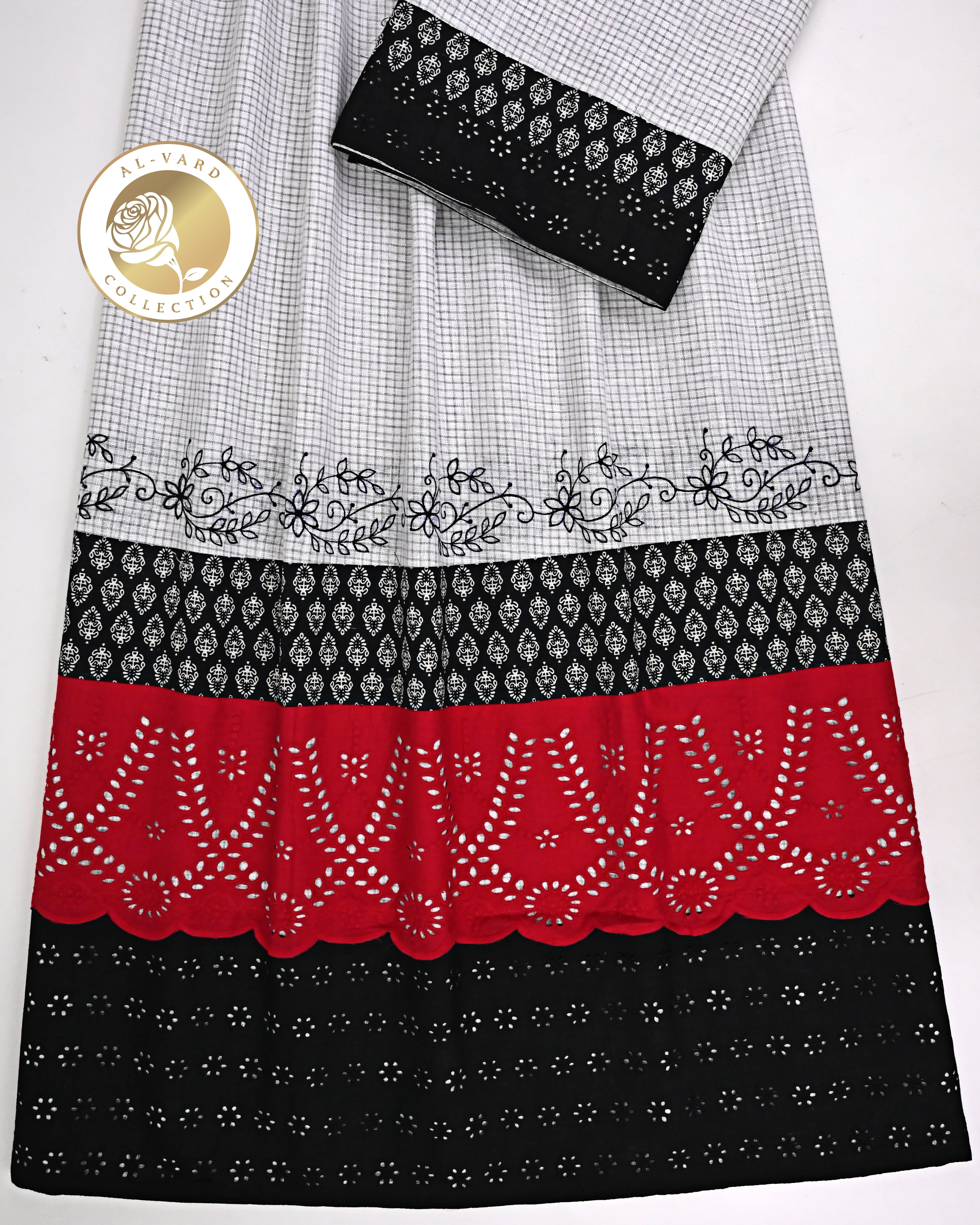 Light Grey Checks Rida With Smart Black Red Hakoba Lace Batik Print Panel & Floral Emb
