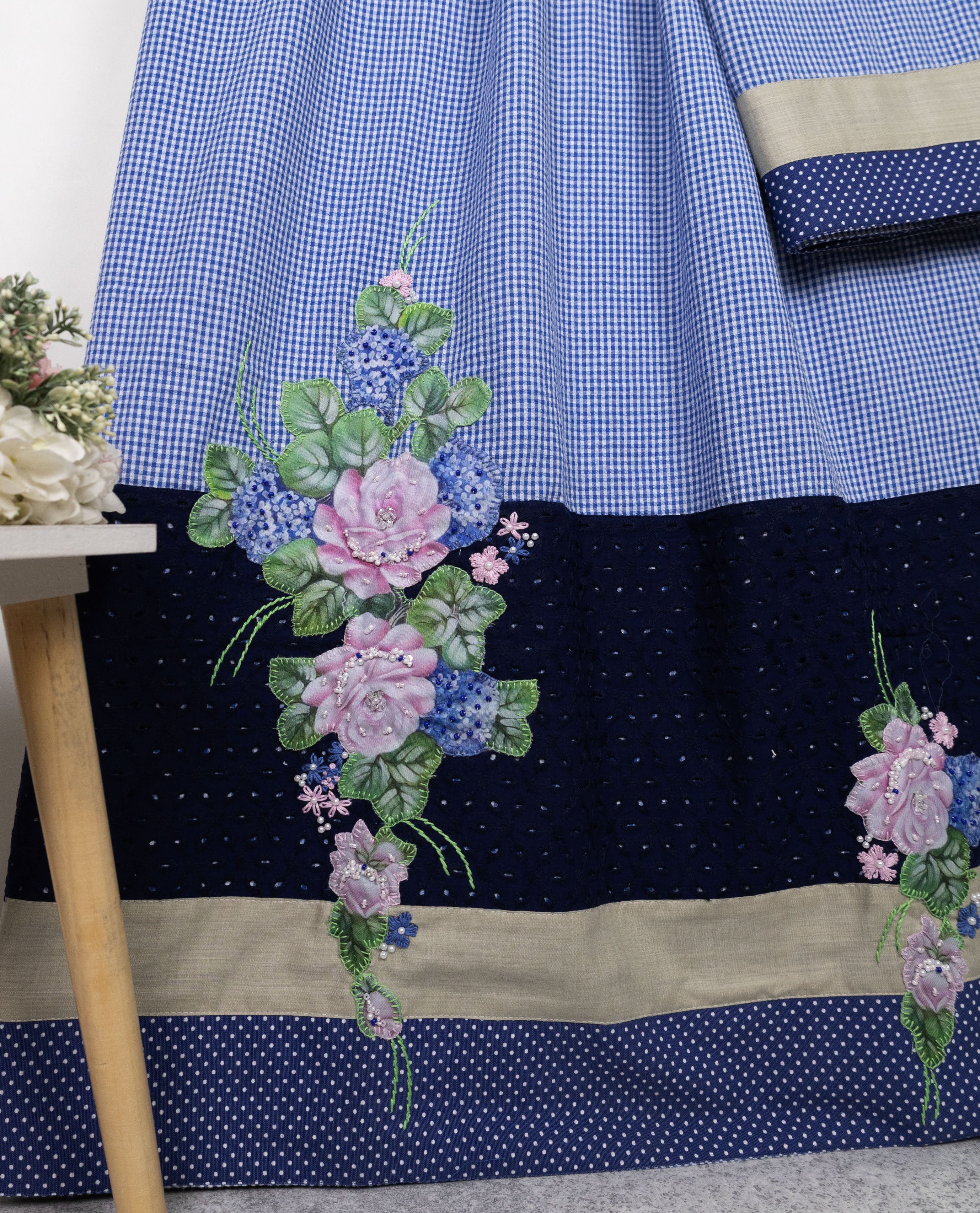 Persian Blue White Checks With Smart Hakoba Panel & Floral Applique Work
