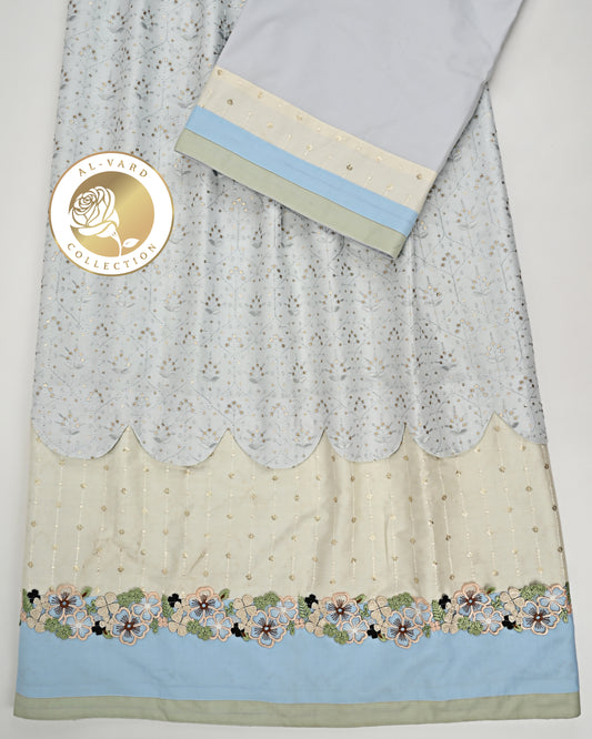 Light Grey Tikri Embroidery Rida With Smart Floral Design Lace