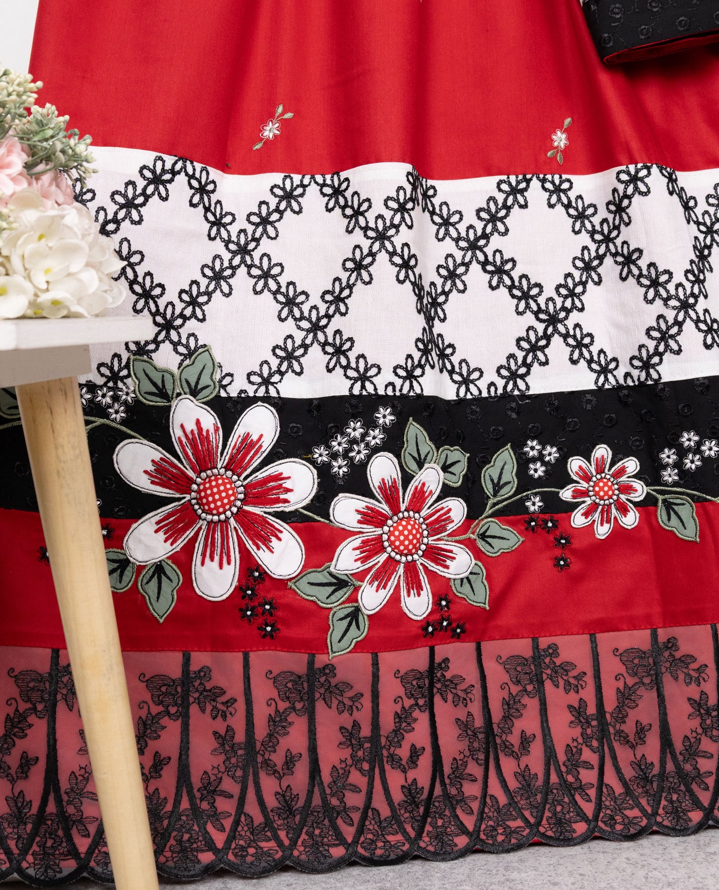 Blood Red Rida With Smart Floral Panel Lace & Floral Work