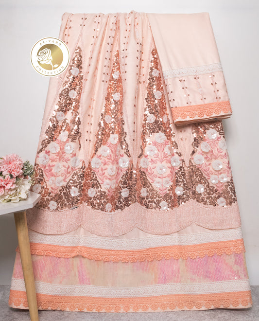 Peach Rida With Smart Sequence Tiikri Lace & Panel