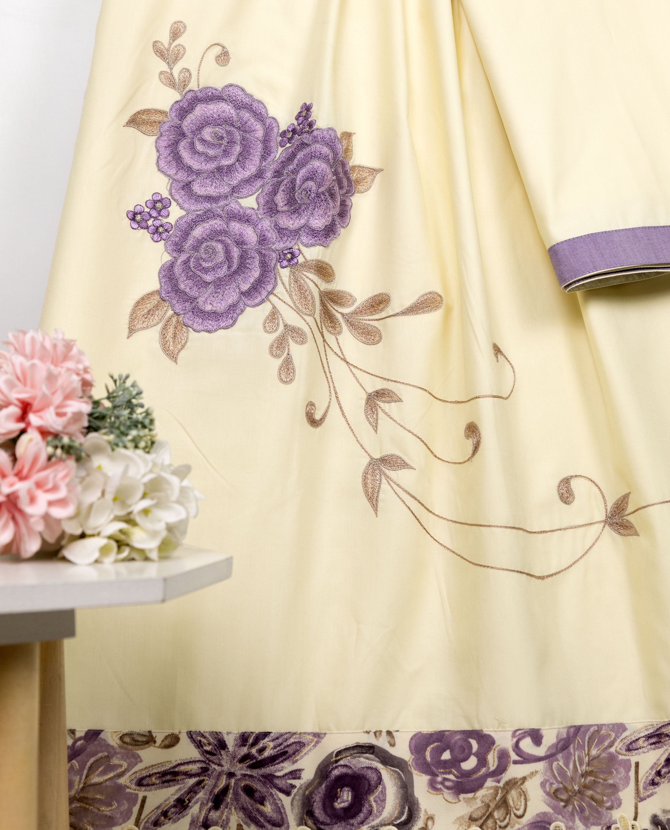 Buttermilk Yellow Rida With Dark Floral Panel Lace & Smart Floral Embroidery Work
