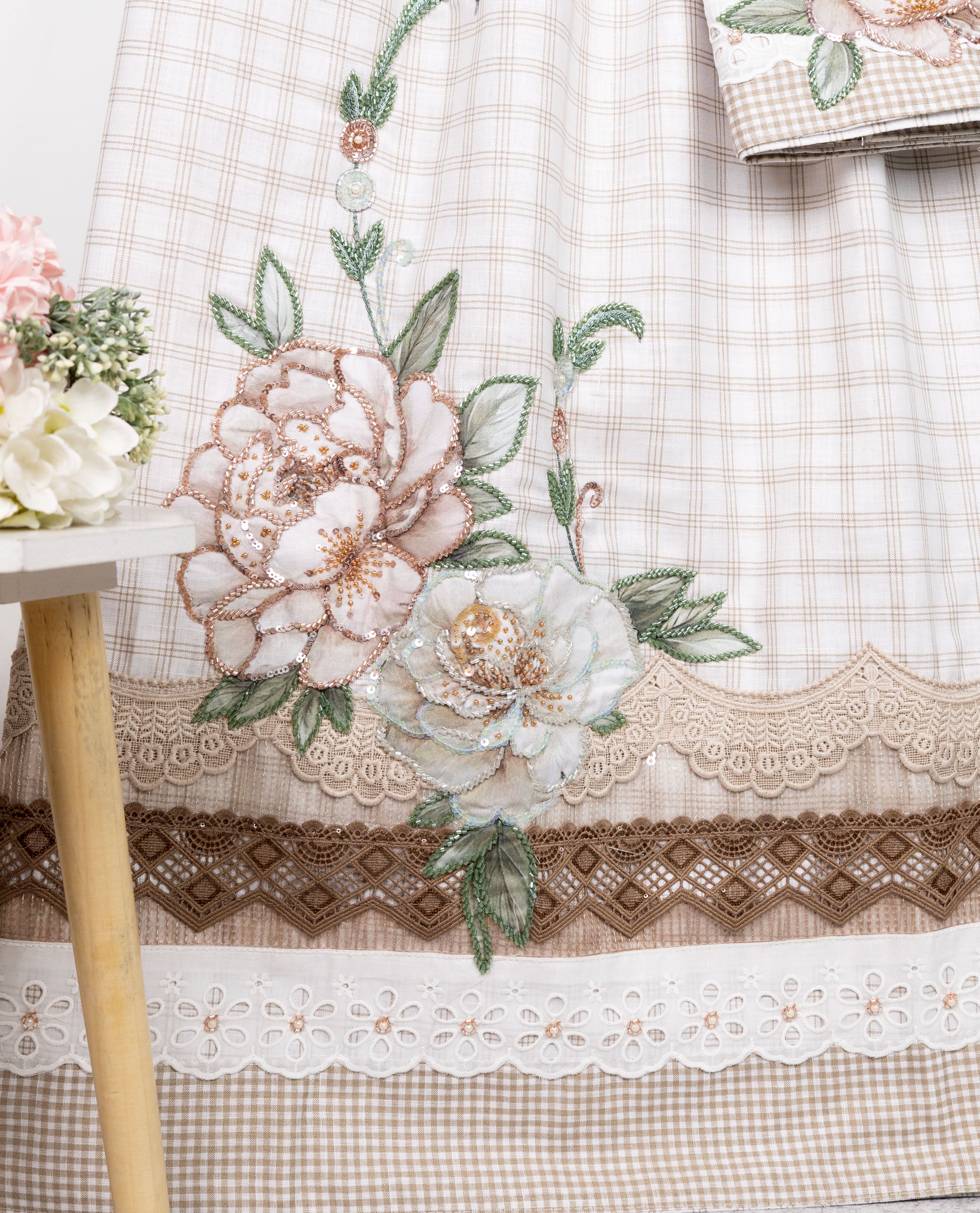 Off White Base Checks With Smart Floral Aari Work Smart Lacing & Cheks Panel
