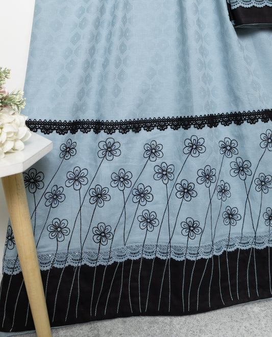 Light Blue Self Design Rida With Black Panel Lace & Floral Embroidery