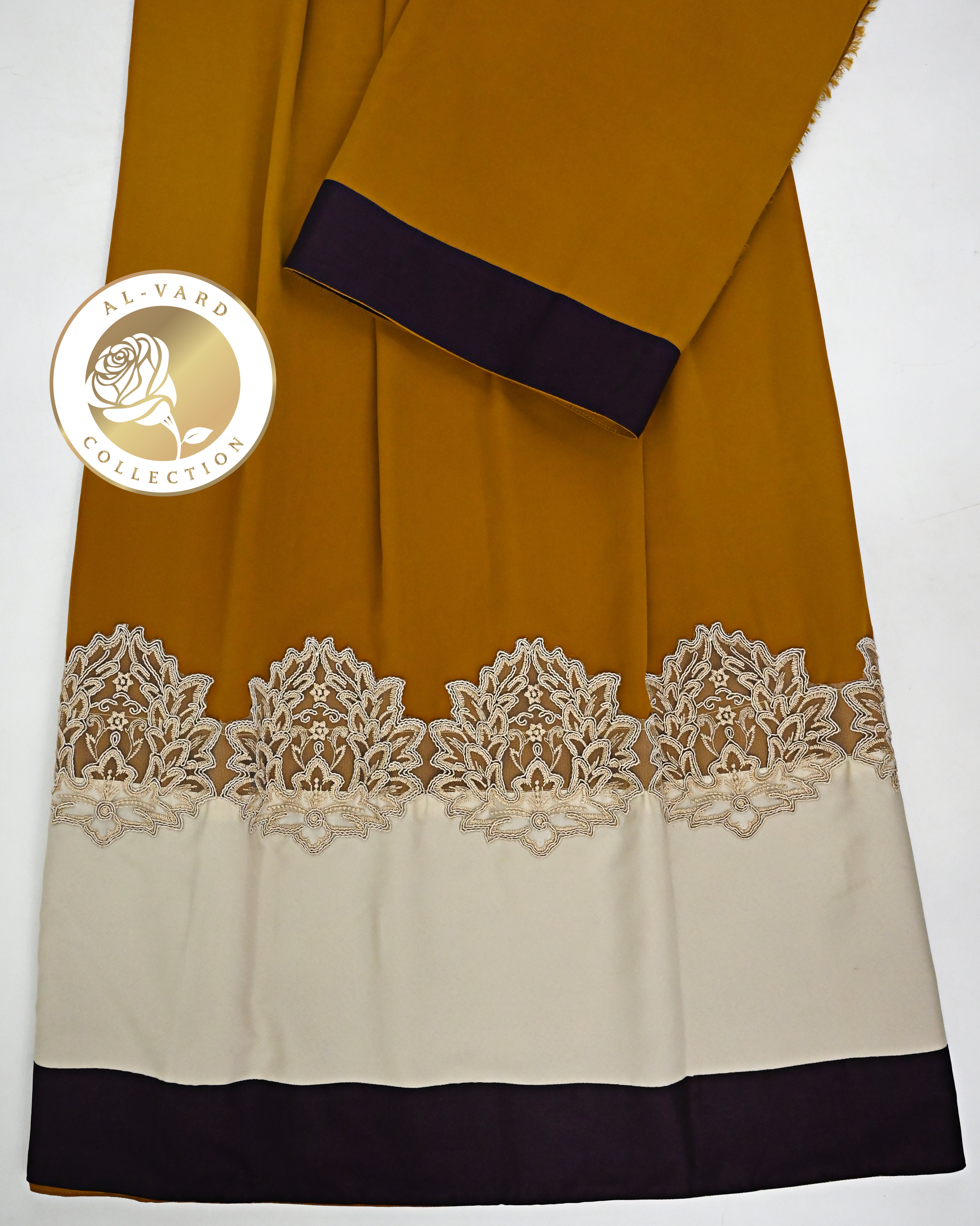 Mustard Yellow Abaya Rida With Floral Lace & Smart Plain Panel