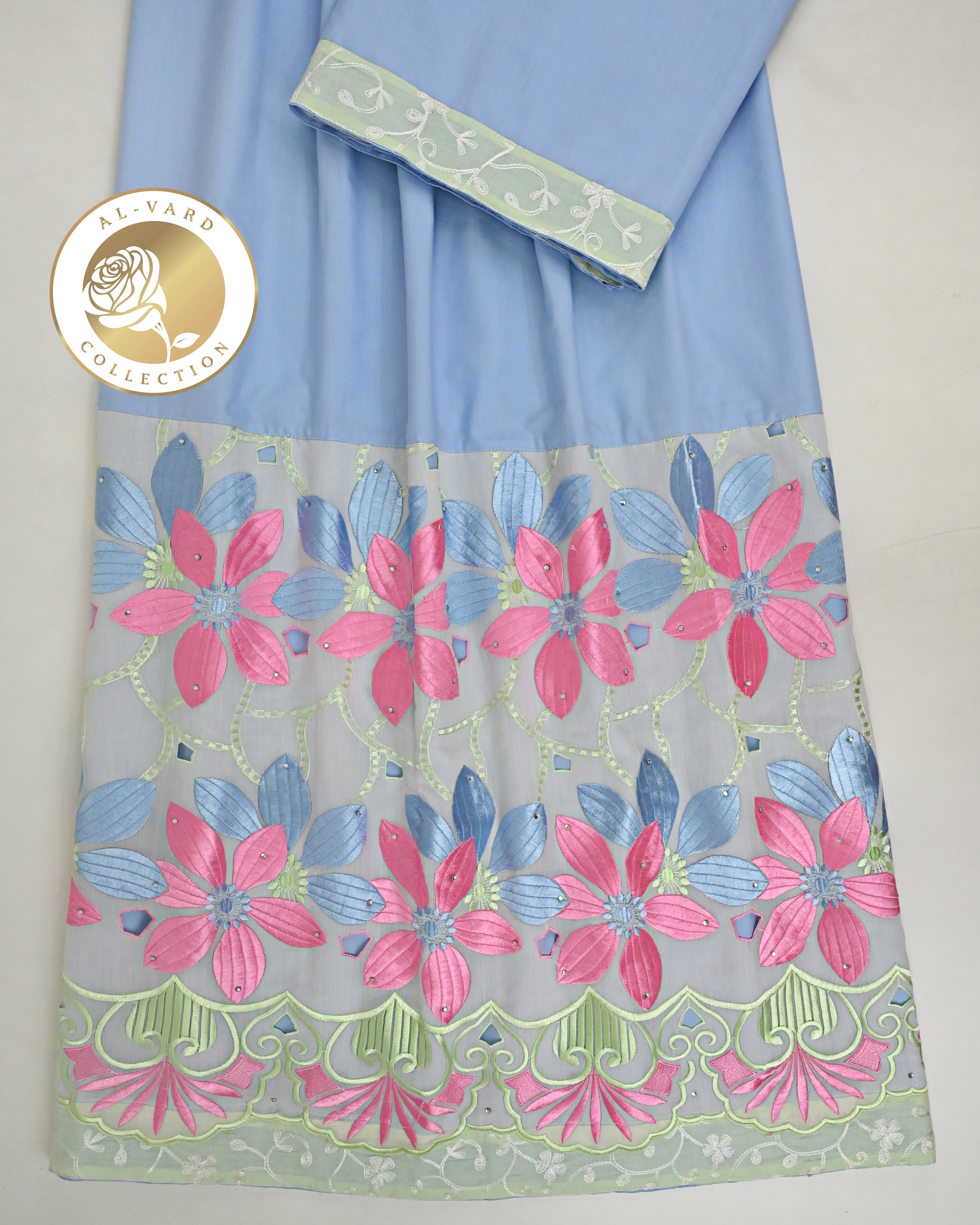 Ice Berg Blue Rida With Multi Color Floral Panel & Lace