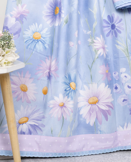 Powder Blue Base Floral Printed Rida With Smart Panel & Lace