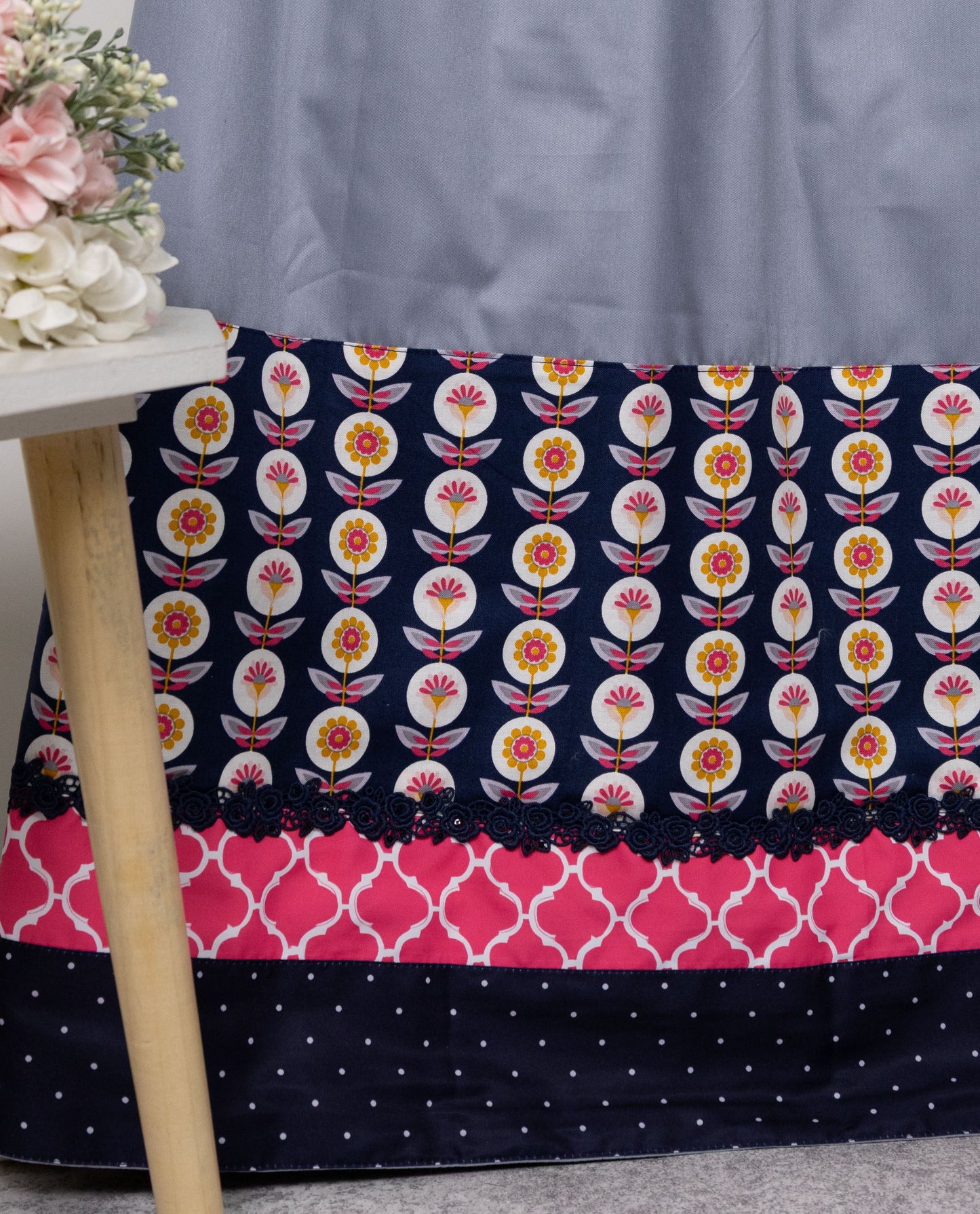 Silver Grey Rida With Black Floral Print Panel & Smart Lace