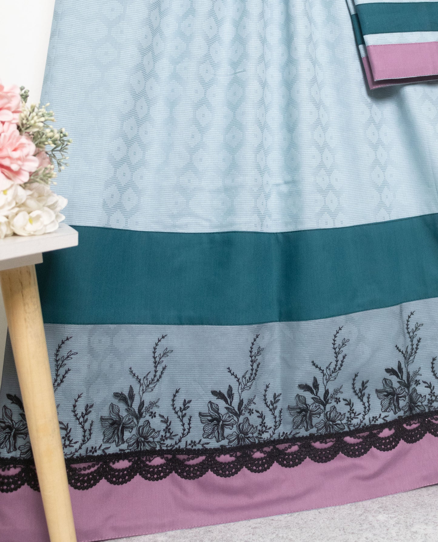 Light Blue Silky Material Rida With Dark Panel & Smart Dark Lace