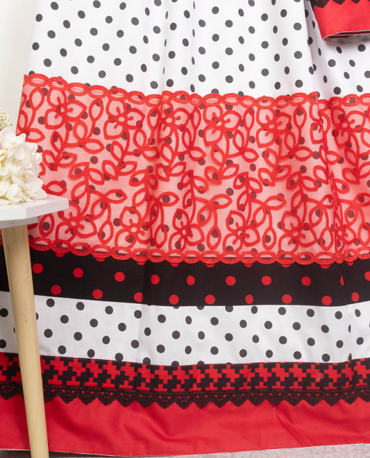 White Base Black Dots With Smart Dotted Panel & Red Lace