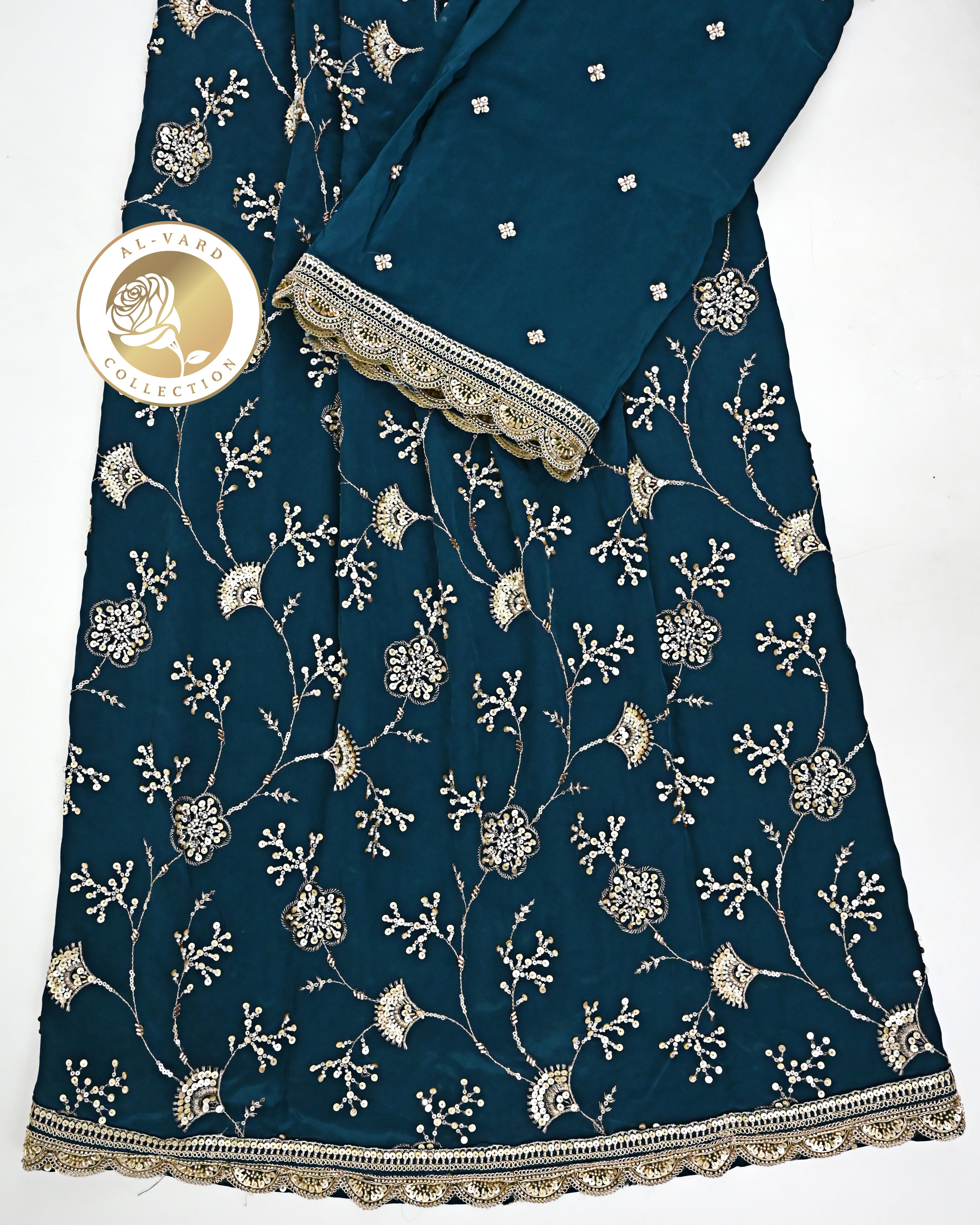 Peacock Blue Rida With Full Floral Golden Work & Lacing