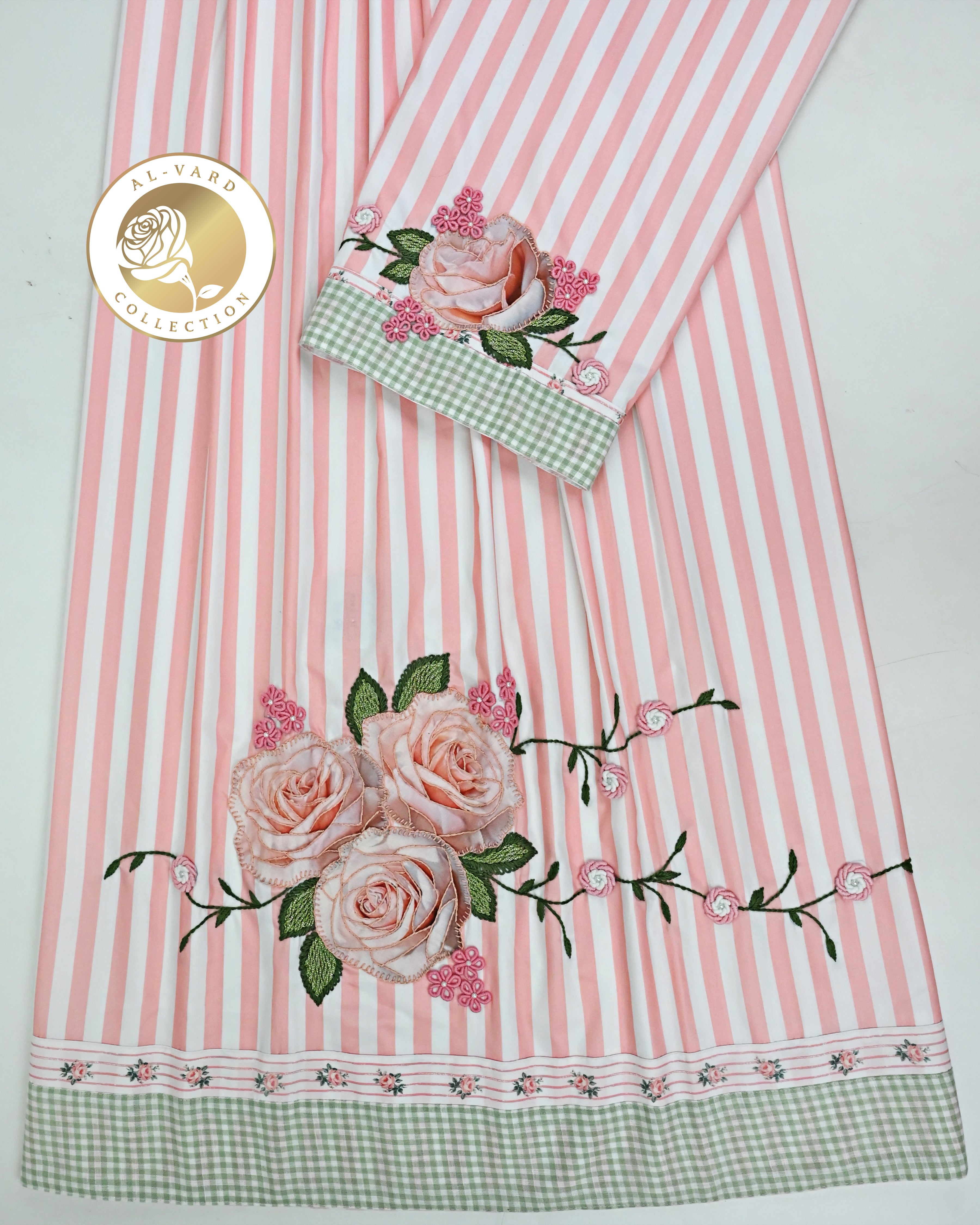 Candy Pink White Stripes Rida With Smart Cheks Panel & Floral Rose Centre Bunch