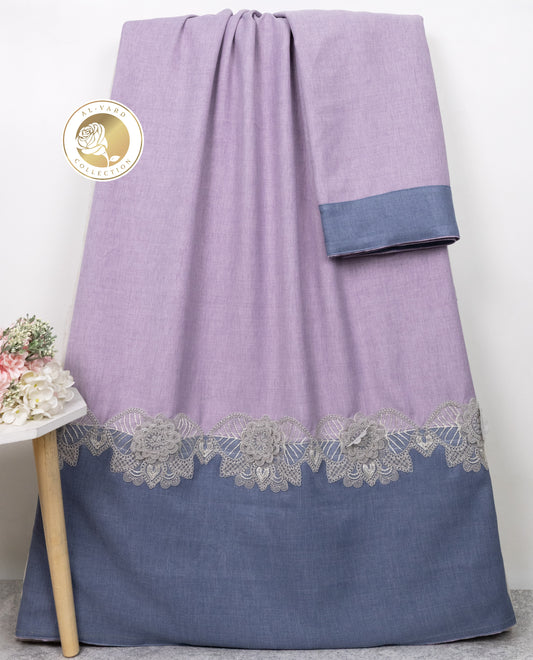 Deep Lavendar Abaya Rida With Smart Denim Blue Panel & Floral Lace