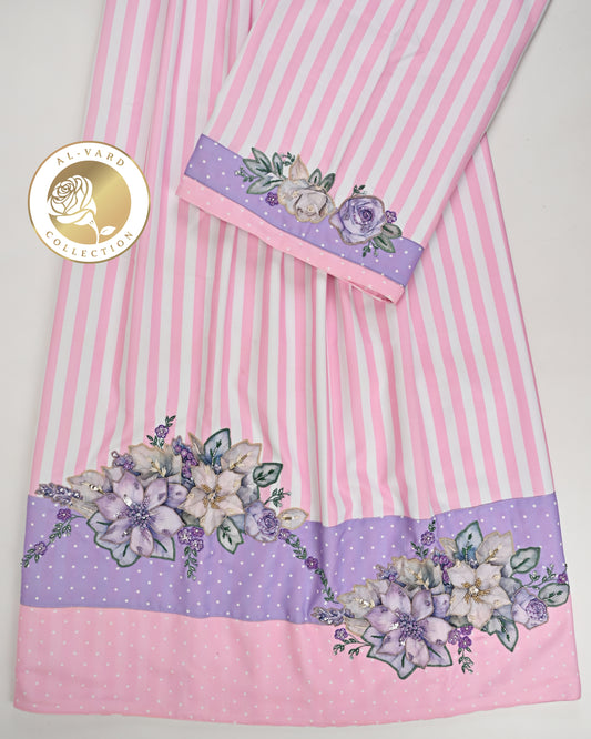 White Pink Stripes Rida With Purple & Pink Panel & Floral Applique With Aari TouchUp