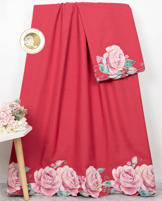Berry Red Rida With Pink Rose Applique Work & Smart Embroidery Work-