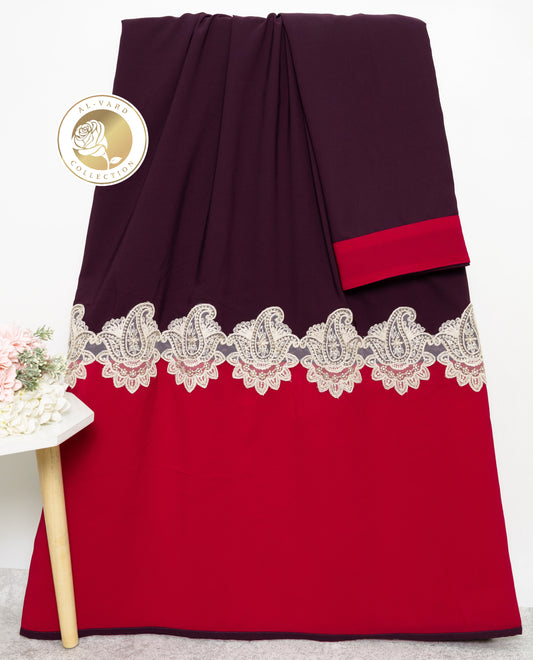 Plum Abaya Rida With Red Abaya Panel & Smart Marvi Design Lace