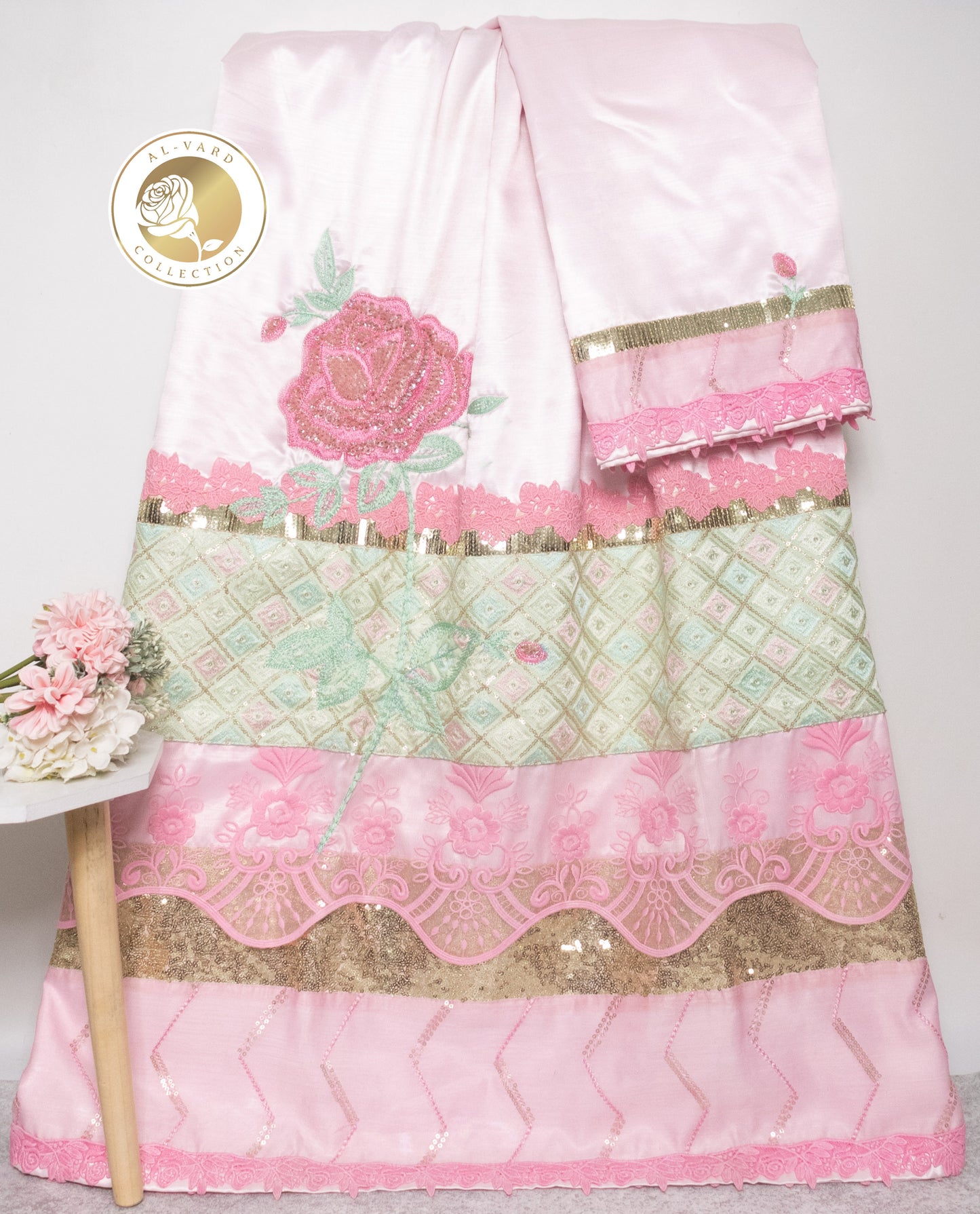 Baby Pink Silk Rida With Heavy Look Panel Lace & Floral Aari Work